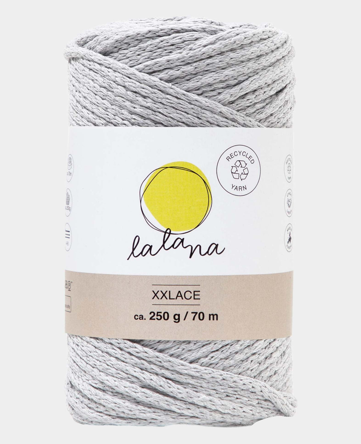 XXlace light grey, Lalana Kettengarn zum Häkeln, Stricken, Knüpfen & Makramee Projekte, Hellgrau, ca. 3 mm x 70 m, ca. 200 g