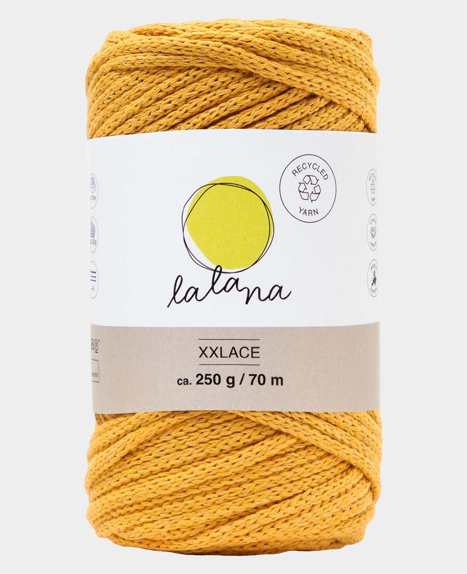 XXlace mustard, Lalana Kettengarn zum Häkeln, Stricken, Knüpfen & Makramee, Senfgelb, ca. 3 mm x 70 m, ca. 200 g