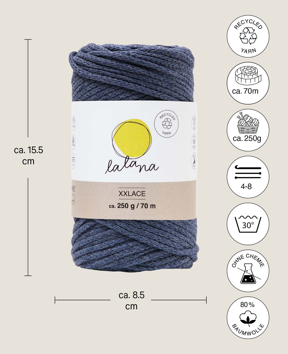 Xxlace jeans, Lalana fil de chaîne pour crochet, tricot, nouage et macramé, bleu-gris, environ 3 mm x 70 m, environ 200 g