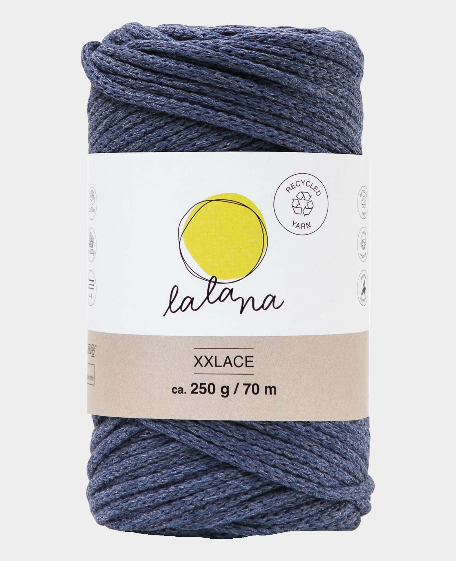 Xxlace jeans, Lalana Kettengarn zum Häkeln, Stricken, Knüpfen & Makramee, Blaugrau, ca. 3 mm x 70 m, ca. 200 g