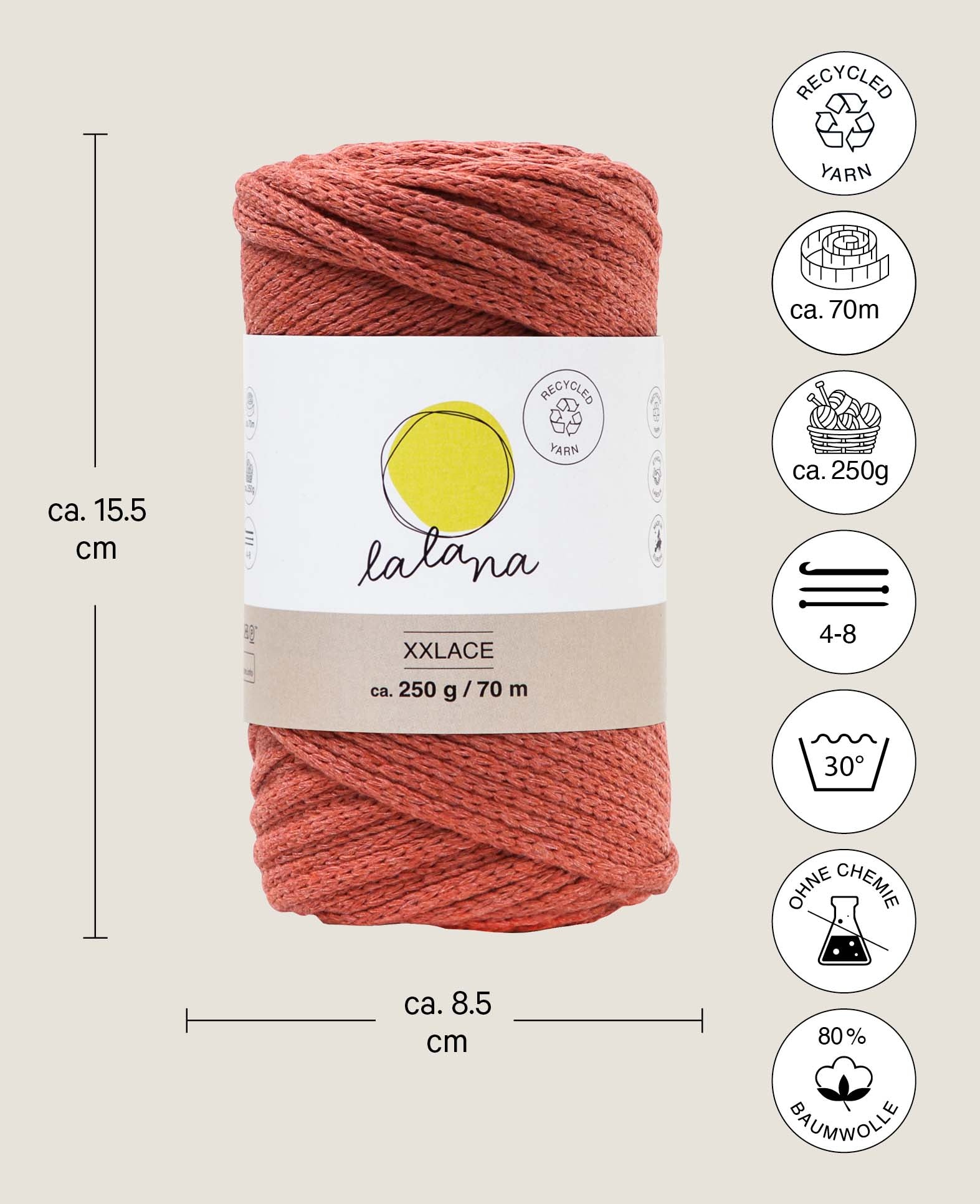 Xxlace rouille, fil chaîne Lalana pour crochet, tricot, nouage & macramé, rouge rouille, env. 3 mm x 70 m, env. 200 g