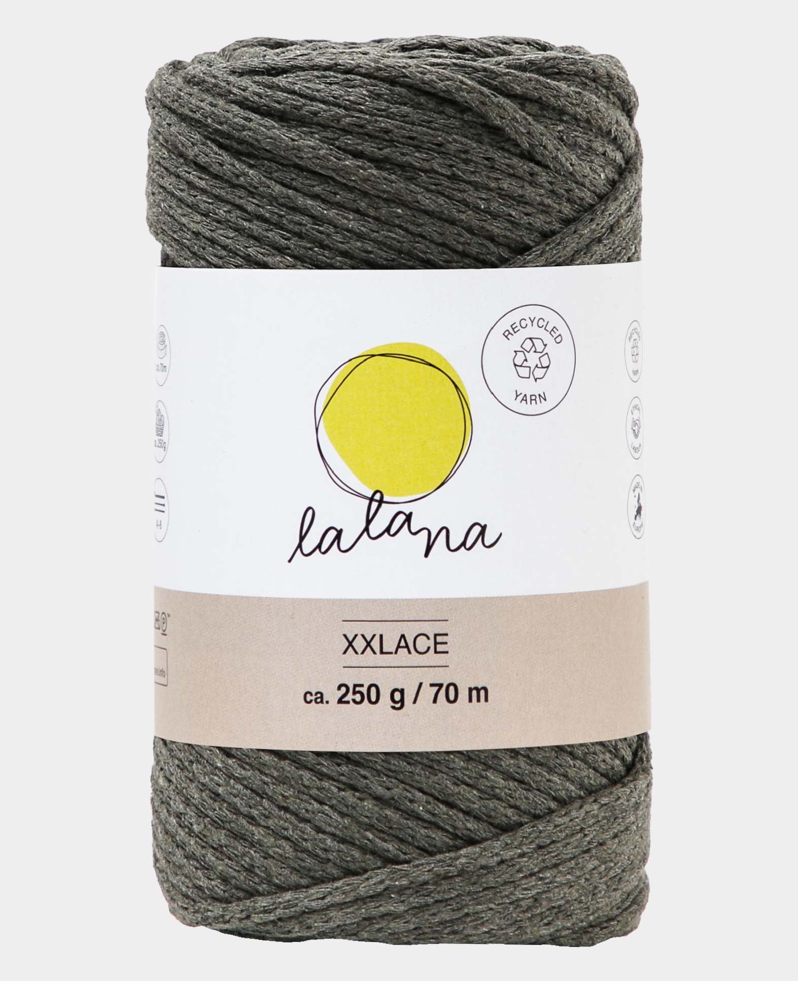 Xxlace khaki, Lalana Kettengarn zum Häkeln, Stricken, Knüpfen & Makramee, Erdfarbe, ca. 3 mm x 70 m, ca. 200 g