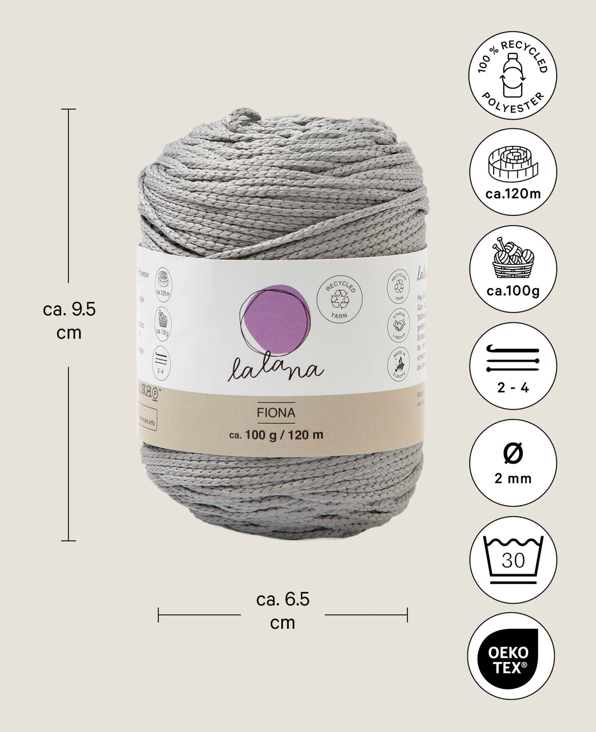 Fiona light grey, Lalana chainette yarn, Light grey, approx. 100 g, approx. 120 m, ø 2mm