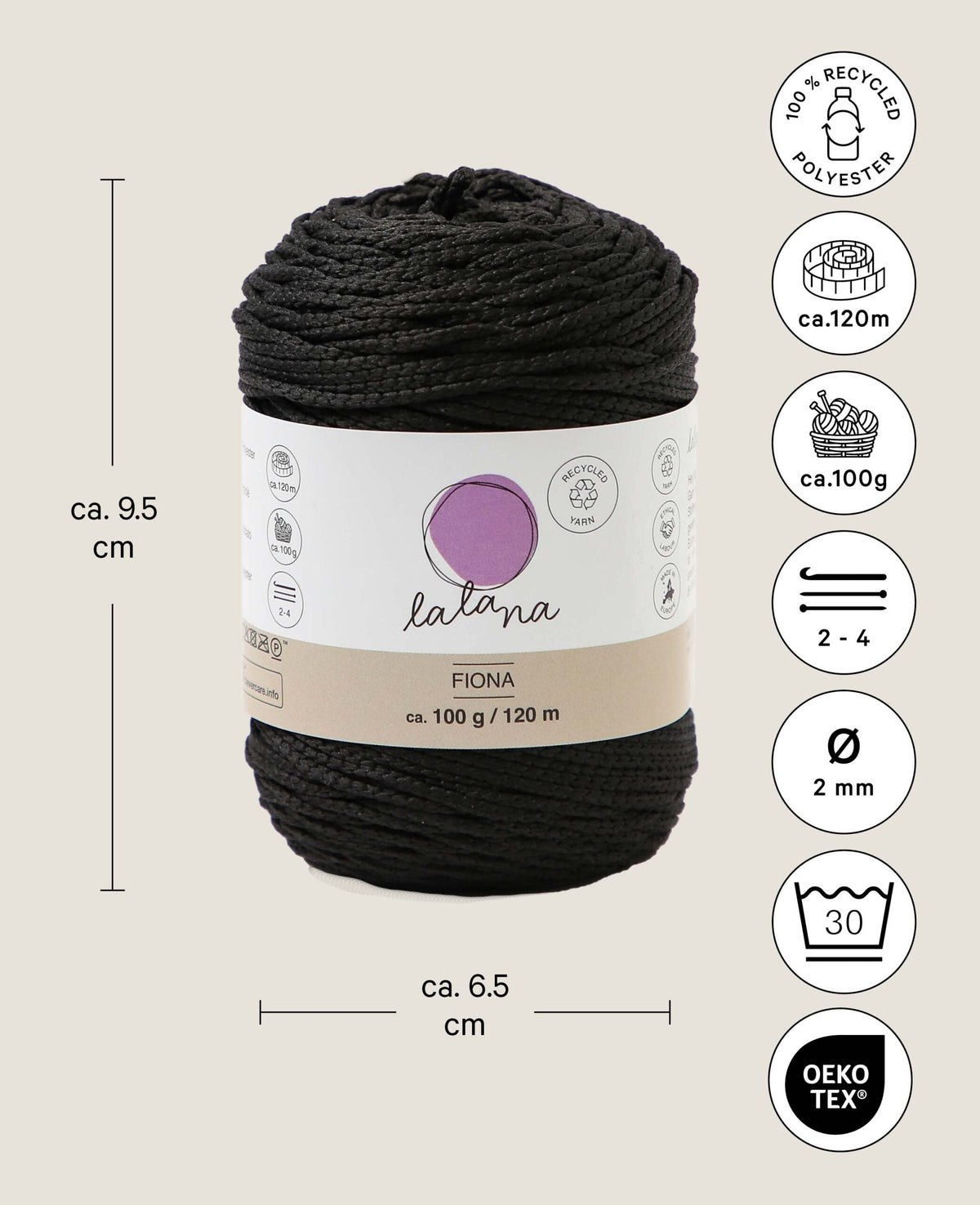 Fiona black, Lalana Kettengarn, Schwarz, ca. 100 g, ca. 120 m, ø 2mm