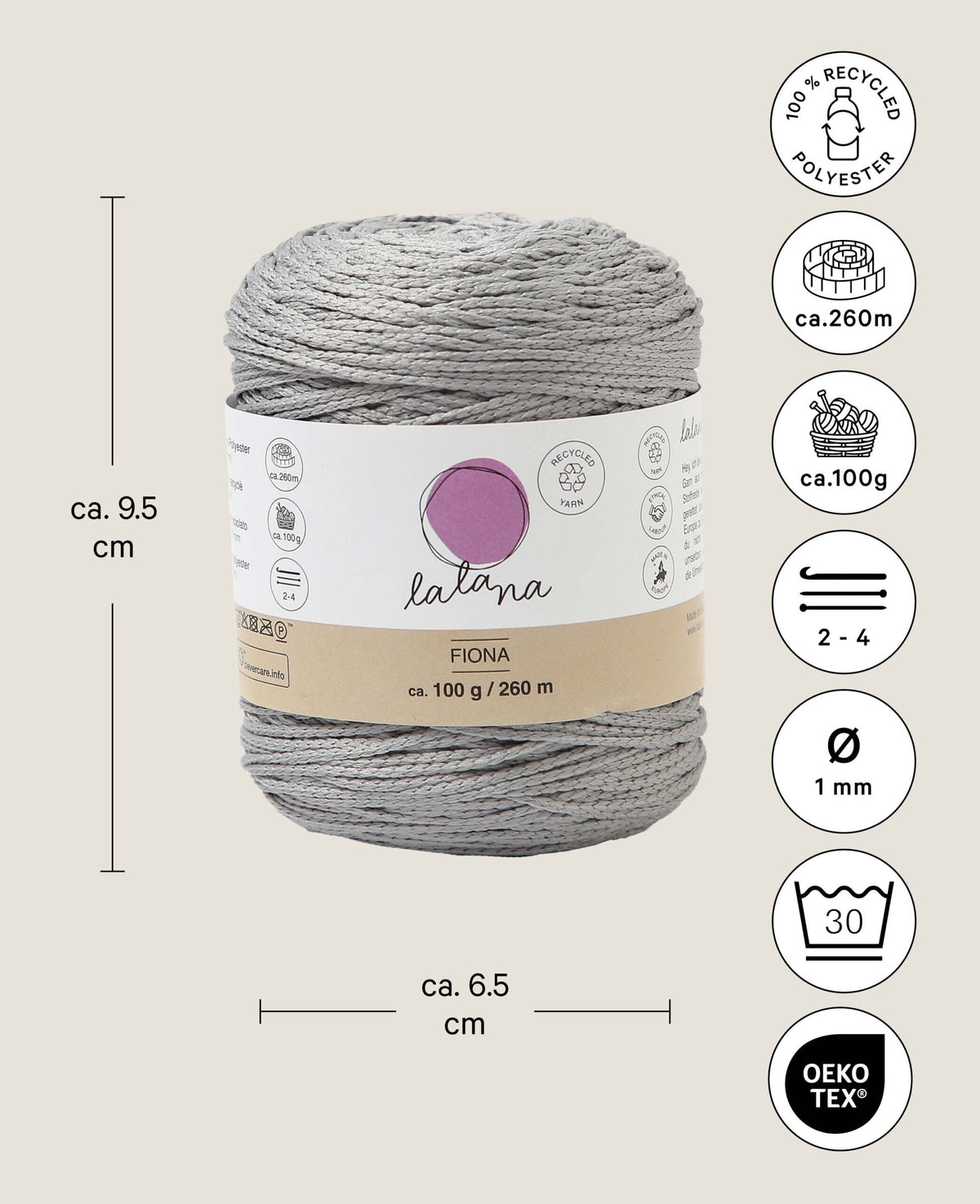 Fiona gris clair, Lalana fil chaîne, gris clair, env. 100 g, env. 260 m, ø 1mm
