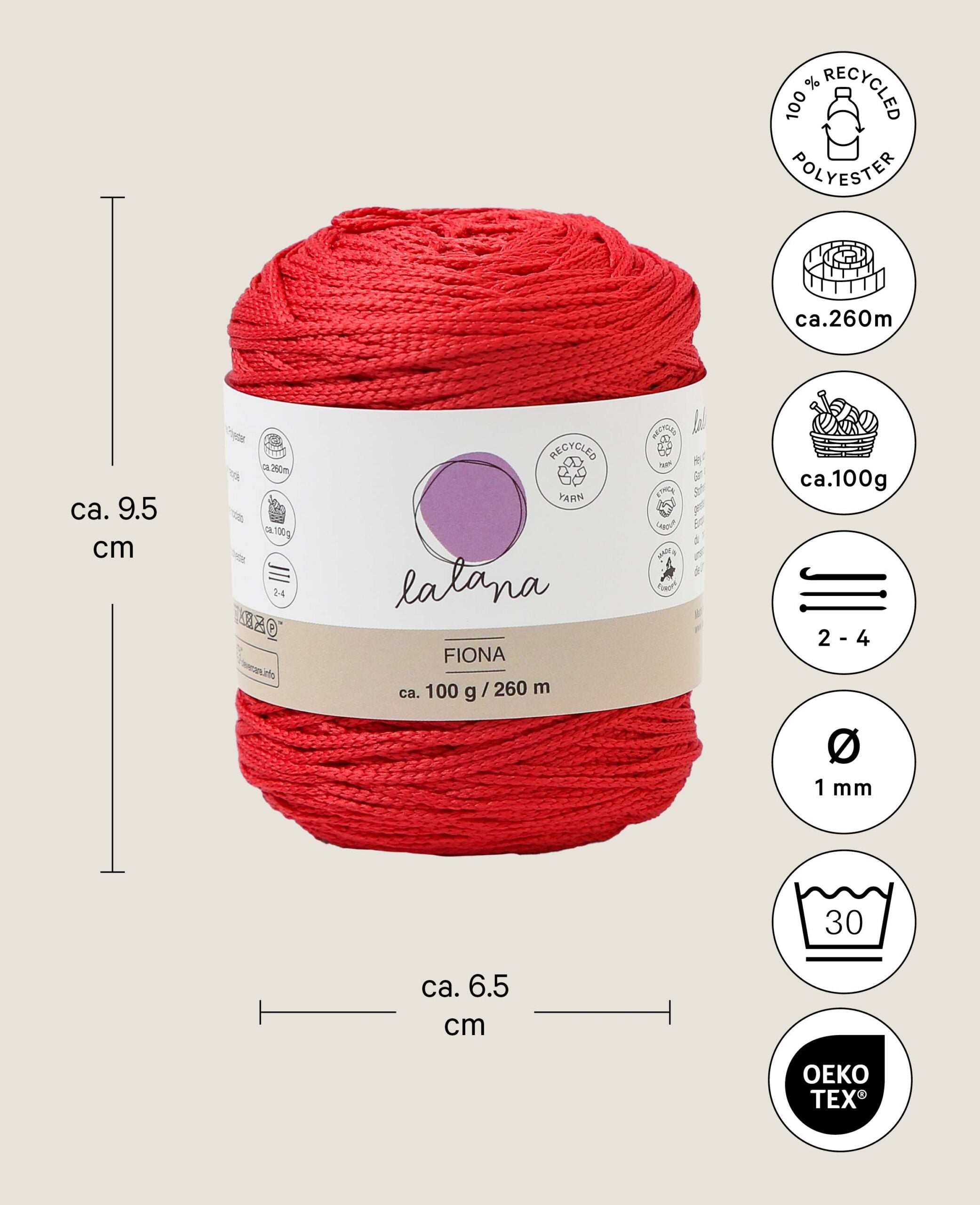 Fiona red, Lalana chainette yarn, Red, approx. 100 g, approx. 260 m, ø 1mm