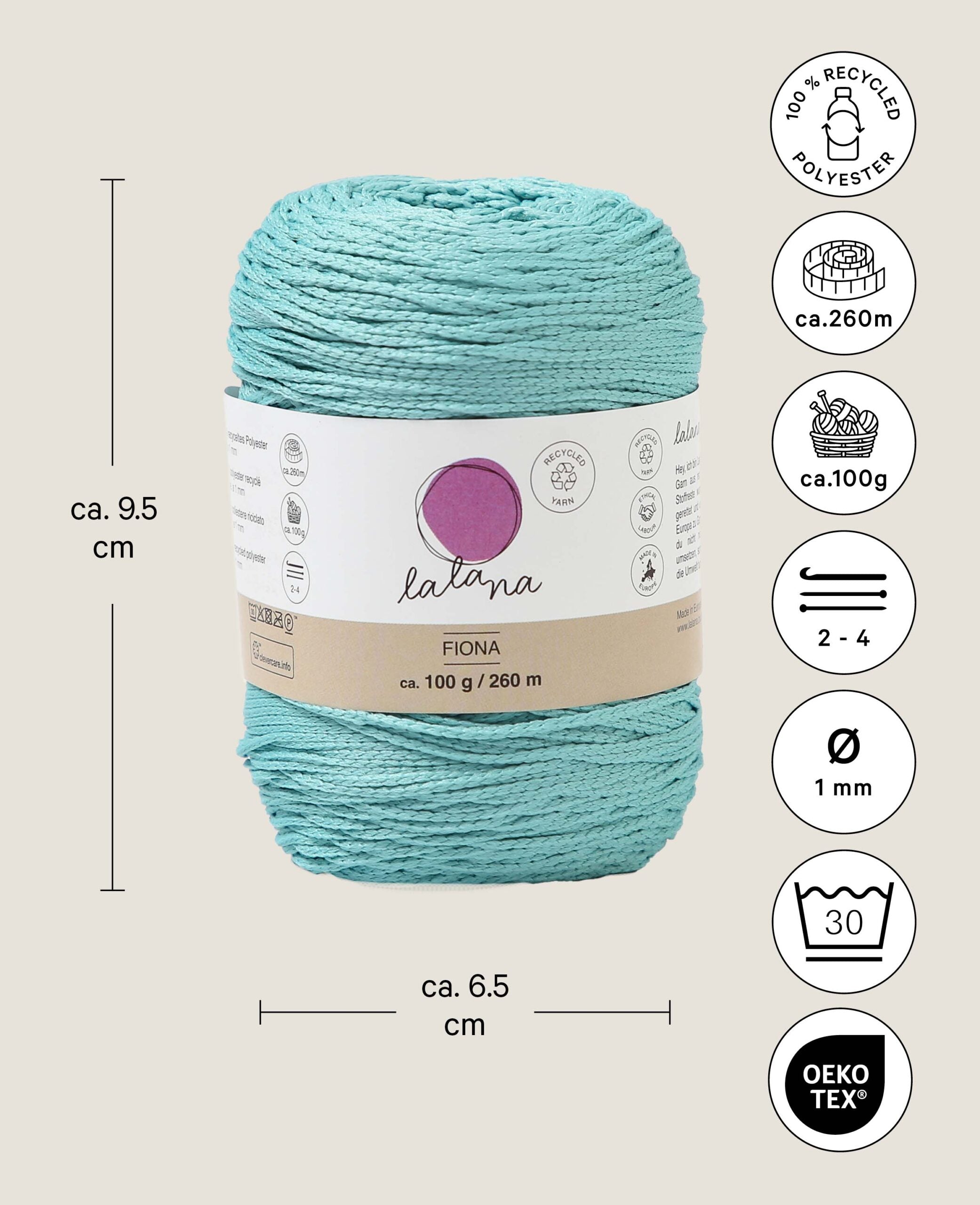 Fiona mint, Lalana chainette yarn, mint green, approx. 100 g, approx. 260 m, ø 1mm