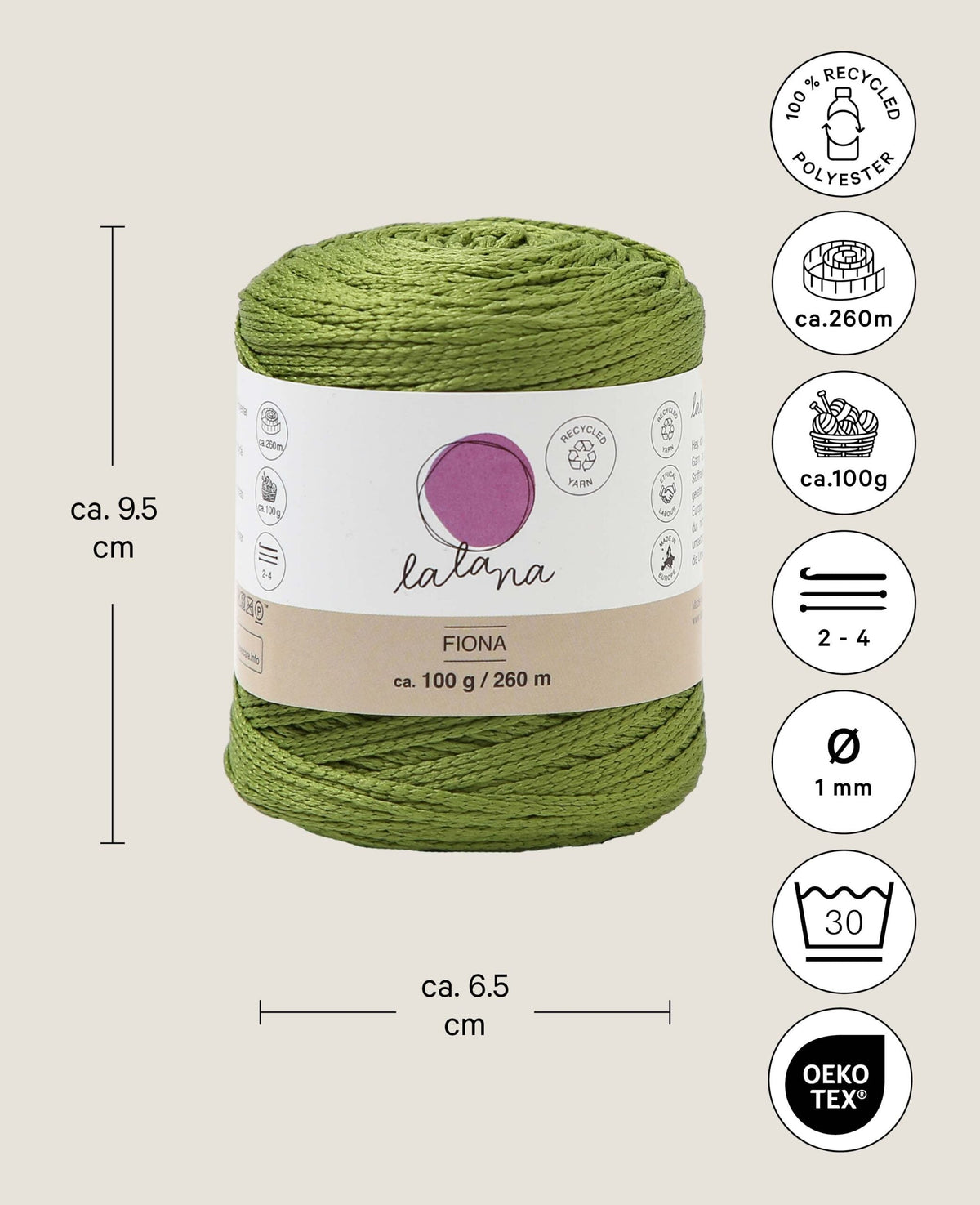 Fiona olive, Lalana chainette yarn, olive green, approx. 100 g, approx. 260 m, ø 1mm