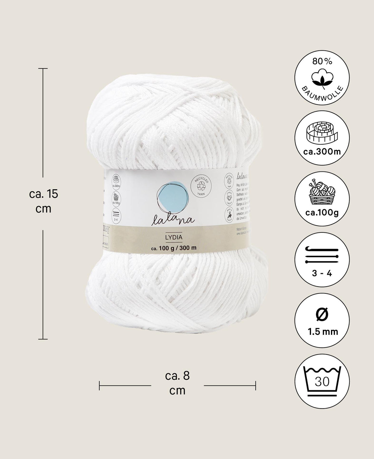Lydia white, Lalana Kettengarn, Weiss, ca. 100 g, ca. 300 m, ø 1.5mm