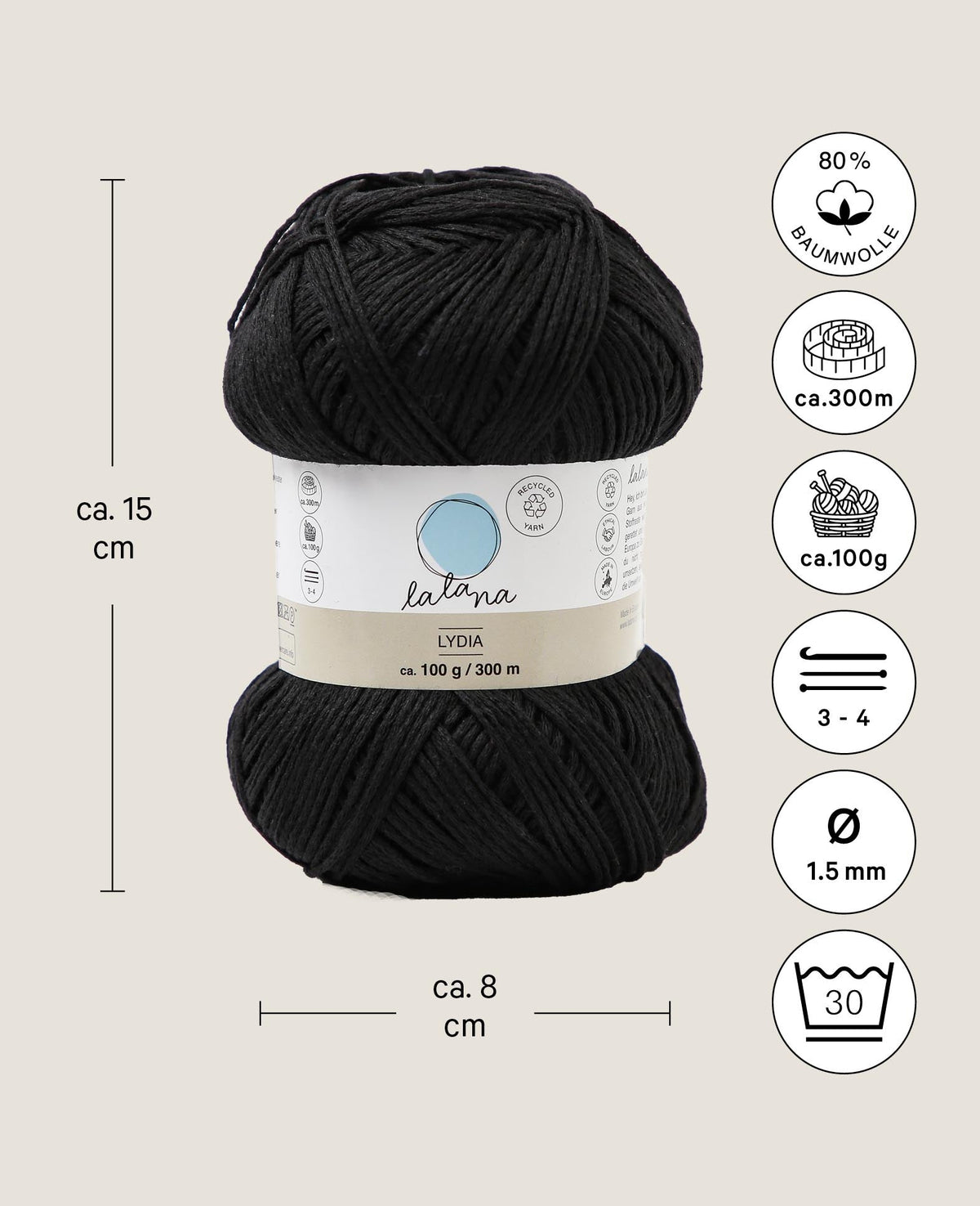Lydia black, Lalana Kettengarn, Schwarz, ca. 100 g, ca. 300 m, ø 1.5mm