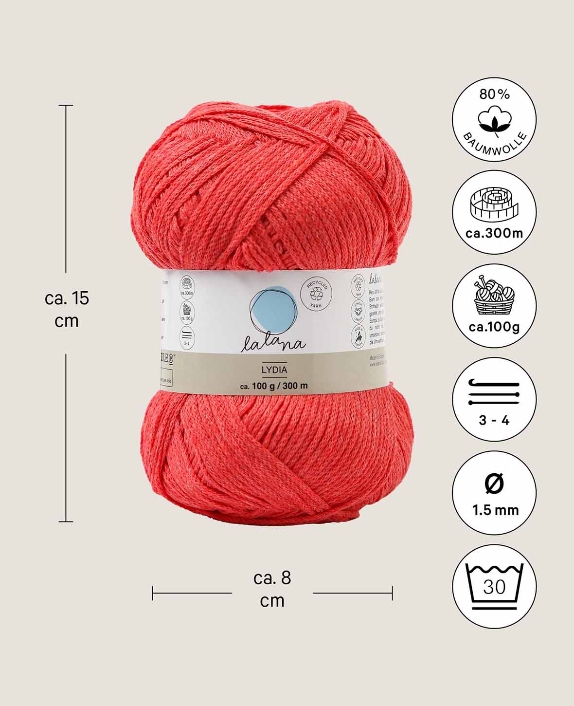 Lydia corail, Lalana, fil chenille, corail, env. 100 g, env. 300 m, ø 1.5mm