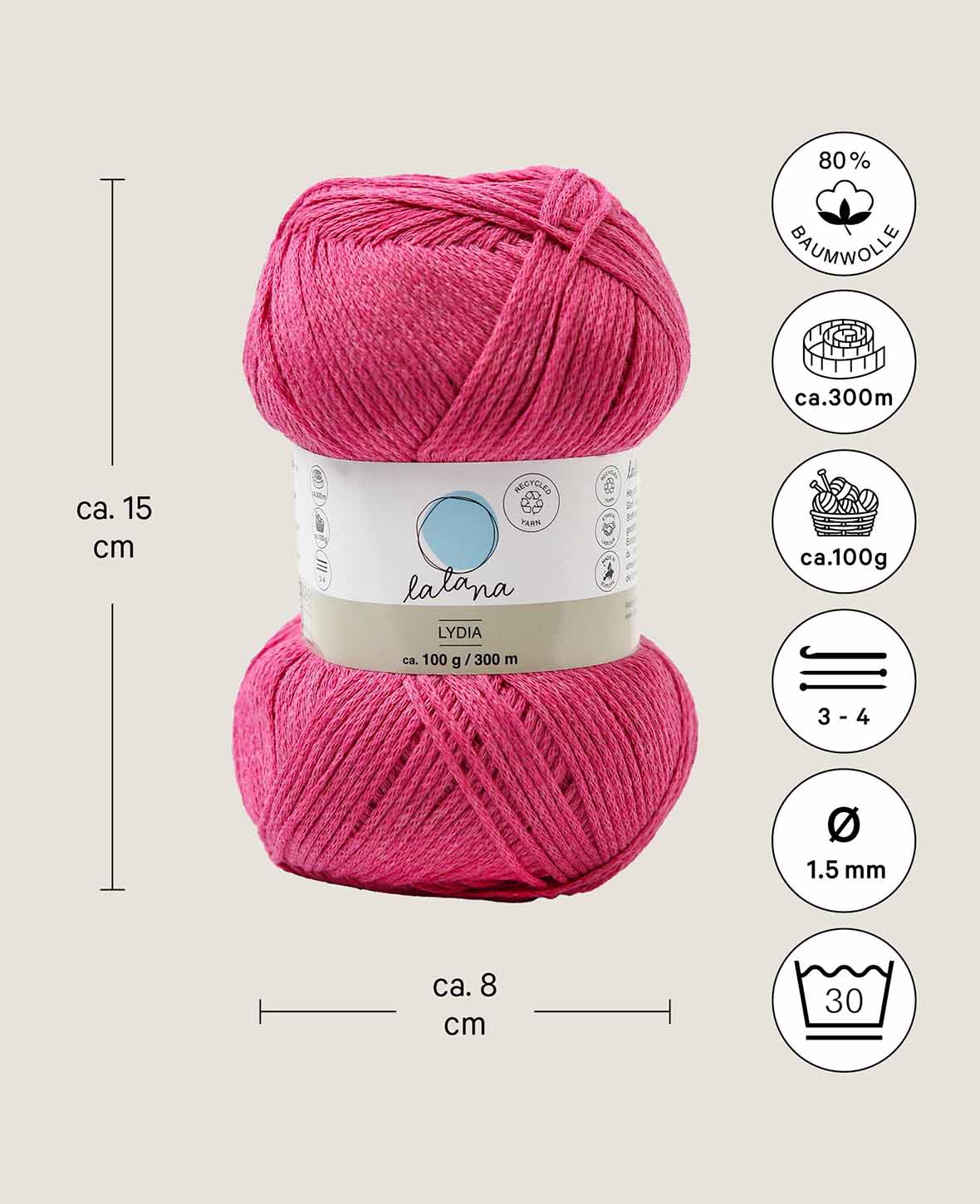 Lydia Magenta, Chainette yarn, Magenta, approx. 100 g, approx. 300 m, ø 1.5mm