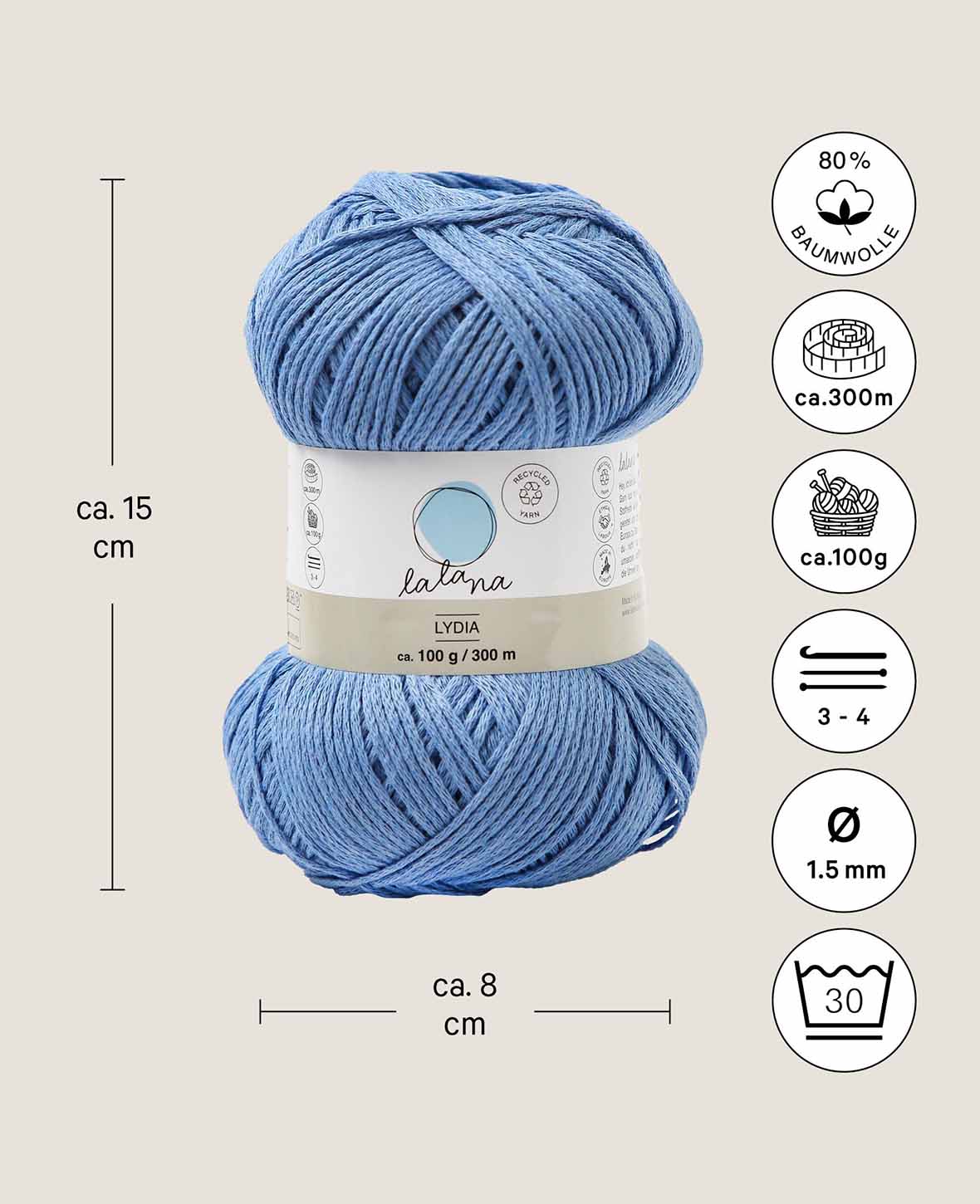 Lydia medium blue, Lalana Chainette yarn, Medium blue, approx. 100 g, approx. 300 m, ø 1.5mm