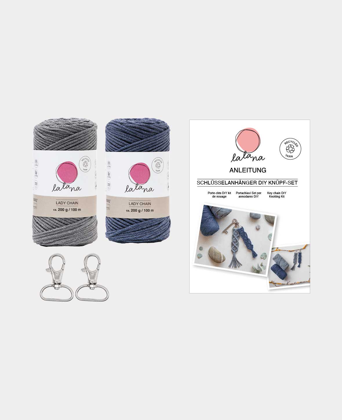 Makramee Set "Schlüsselanhänger", Komplettset inkl. Anleitung, Grau & Blau, 5 tlg.