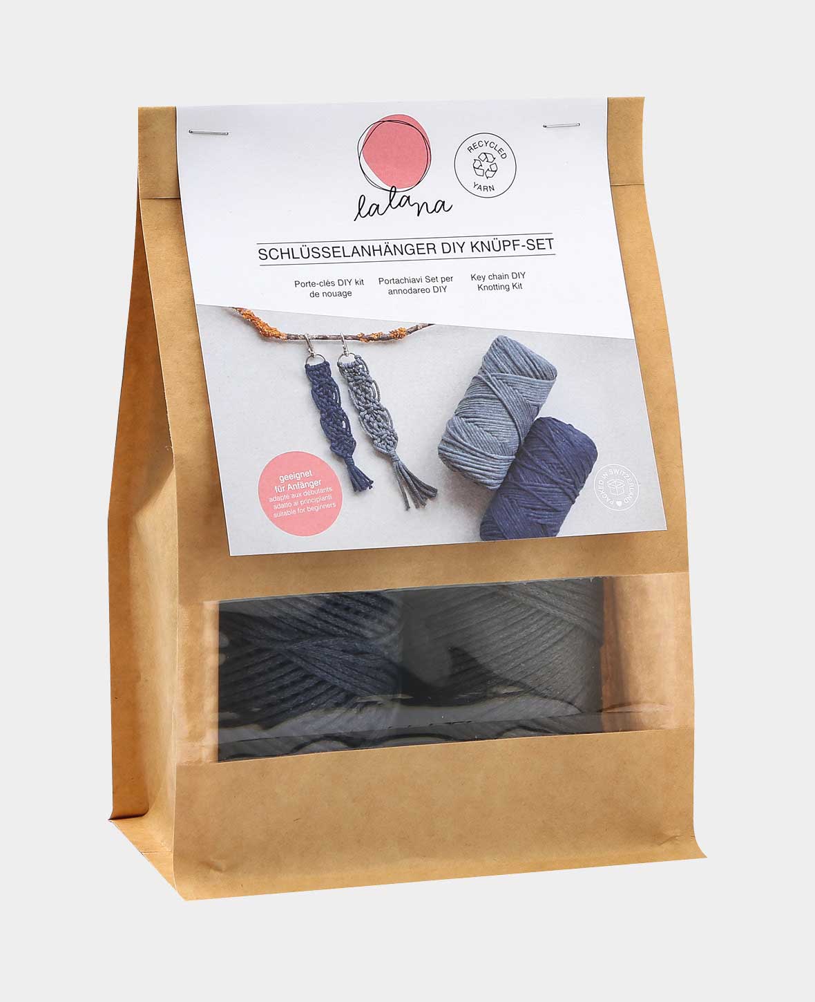 Makramee Set "Schlüsselanhänger", Komplettset inkl. Anleitung, Grau & Blau, 5 tlg.