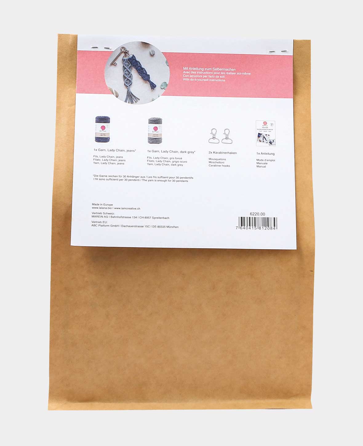 Kit macramé "porte-clés", kit complet avec instructions, gris et bleu, 5 pièces.