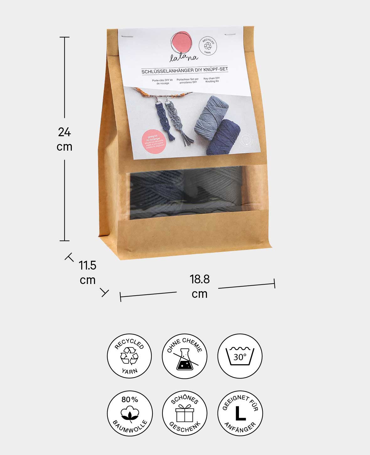 Kit macramé "porte-clés", kit complet avec instructions, gris et bleu, 5 pièces.