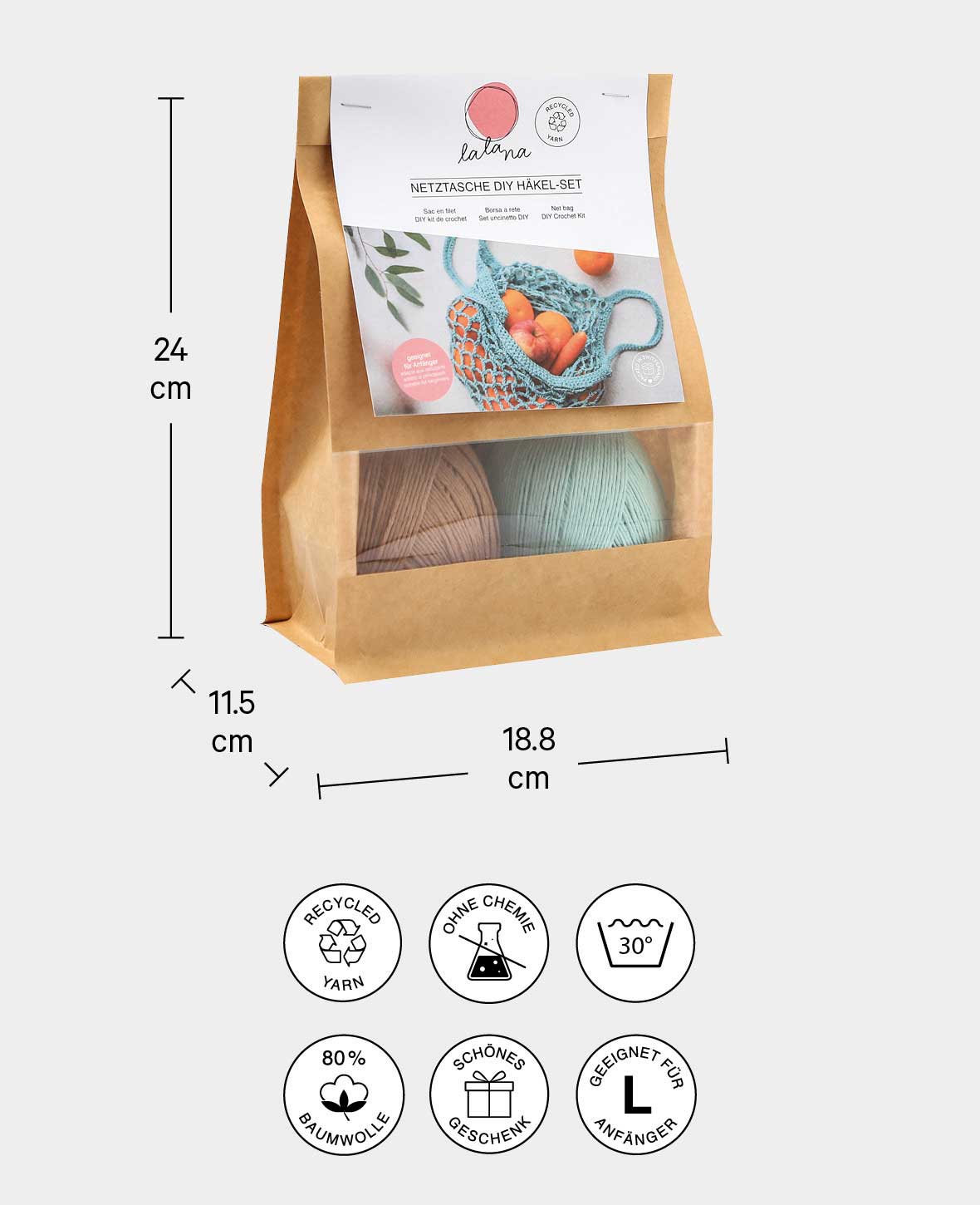 Häkel Set "Netztasche", Komplettset inkl. Anleitung, Mint & Braun, 4 tlg.