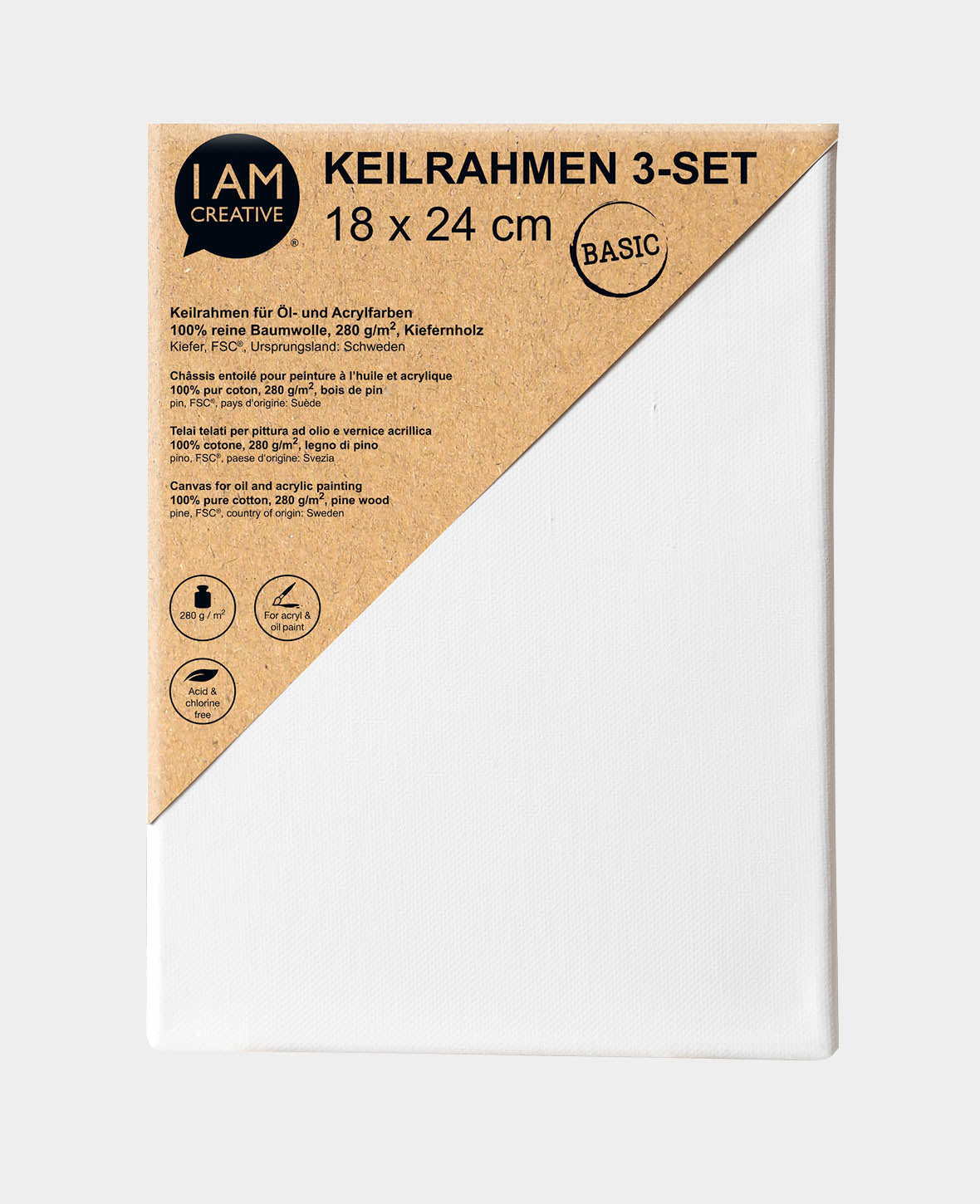 Keilrahmen BASIC, 1.7 x 18 x 24 cm, Weiss, 3 Stk.