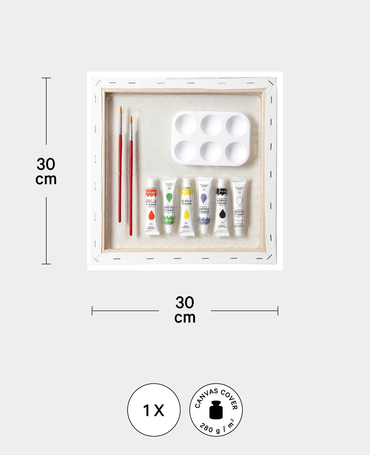 Set de châssis entoilé avec peinture incluse, 30 x 30 cm, Set de toiles avec 2 pinceaux, 6 tubes de peinture acrylique, Blanc, 10 pièces