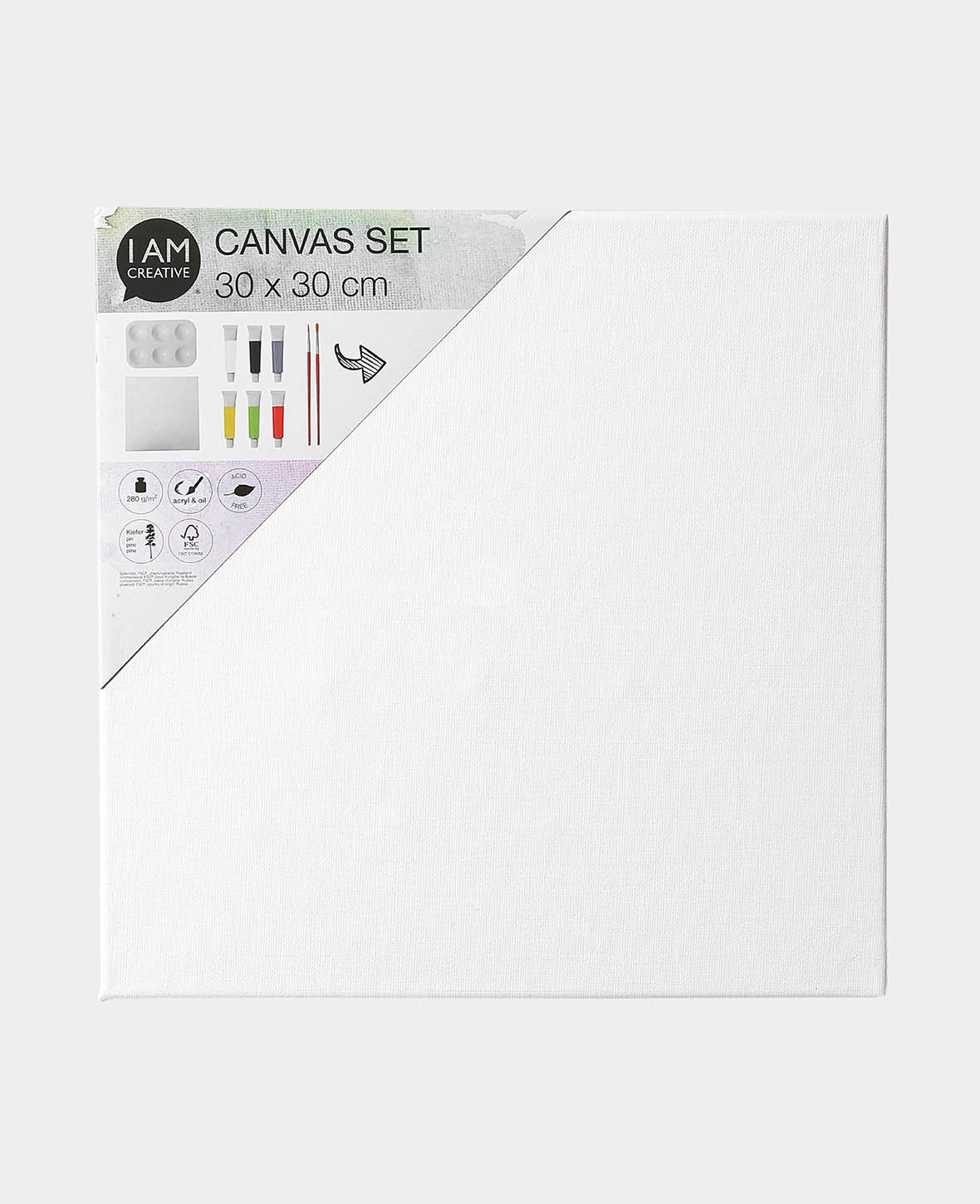 Set de châssis entoilé avec peinture incluse, 30 x 30 cm, Set de toiles avec 2 pinceaux, 6 tubes de peinture acrylique, Blanc, 10 pièces
