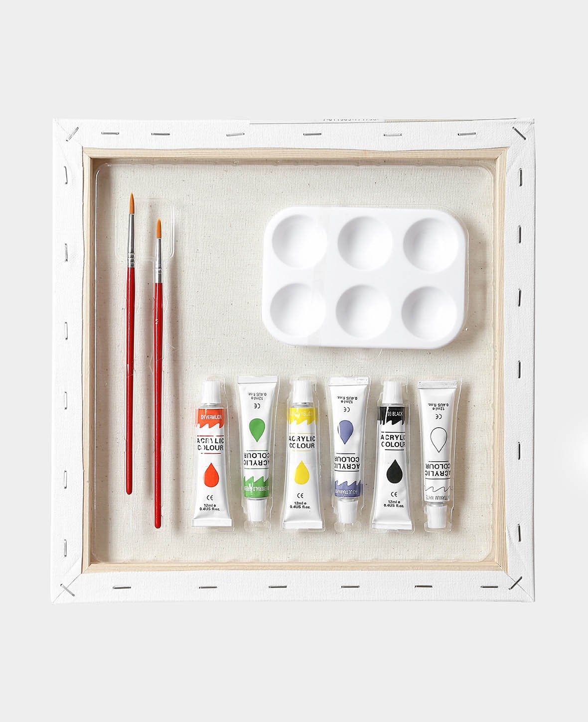 Set de châssis entoilé avec peinture incluse, 30 x 30 cm, Set de toiles avec 2 pinceaux, 6 tubes de peinture acrylique, Blanc, 10 pièces