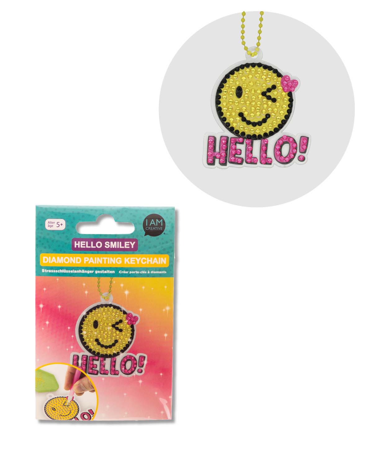 Pendentif porte-clés Diamond Painting, Hello Smiley, 6,7 x 6 cm