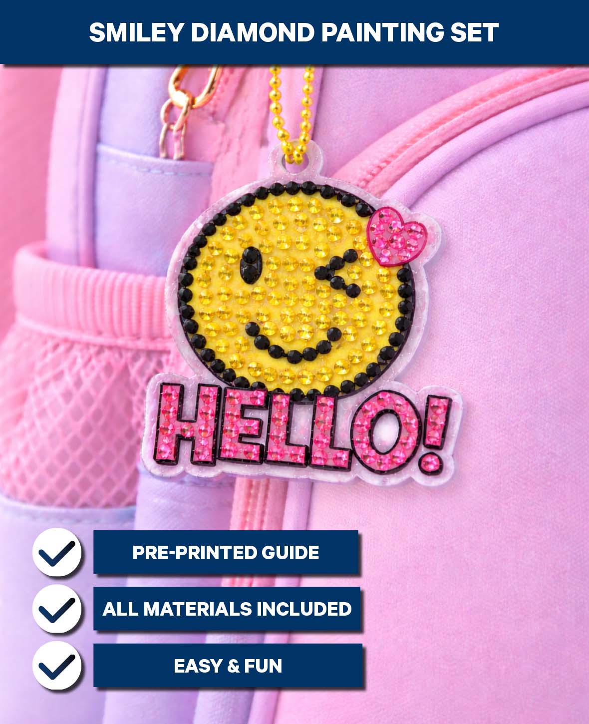 Pendentif porte-clés Diamond Painting, Hello Smiley, 6,7 x 6 cm