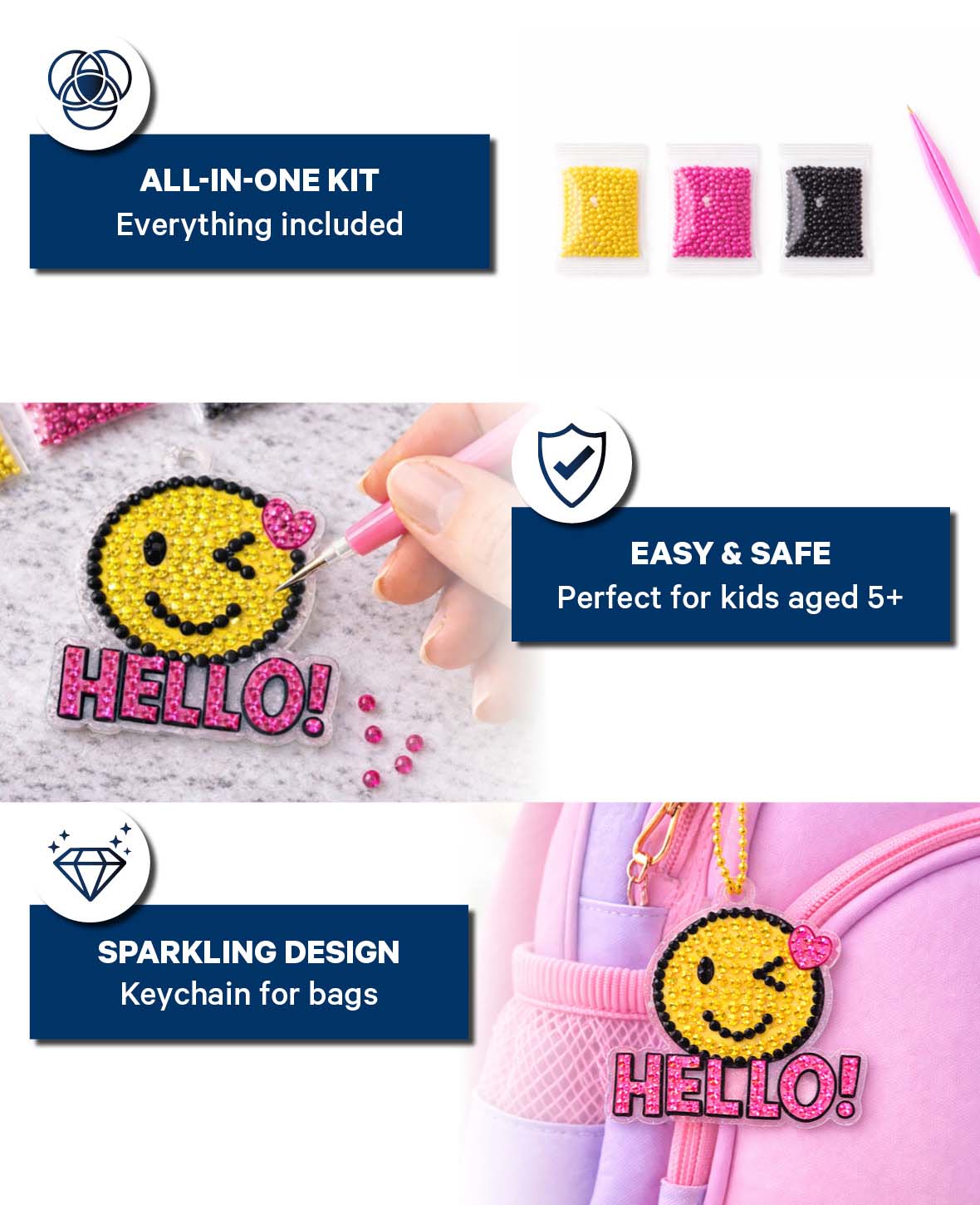 Diamond Painting Keychain, Hello Smiley, 6.7 x 6 cm