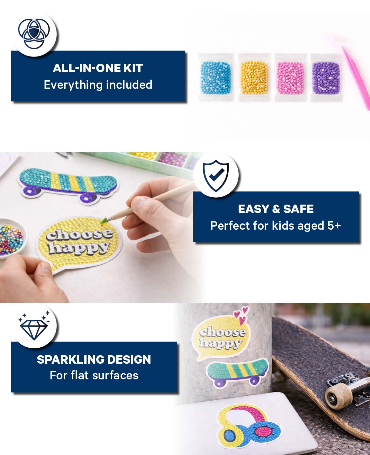 Diamond Painting Sticker Set, Happy, 3 Stk.