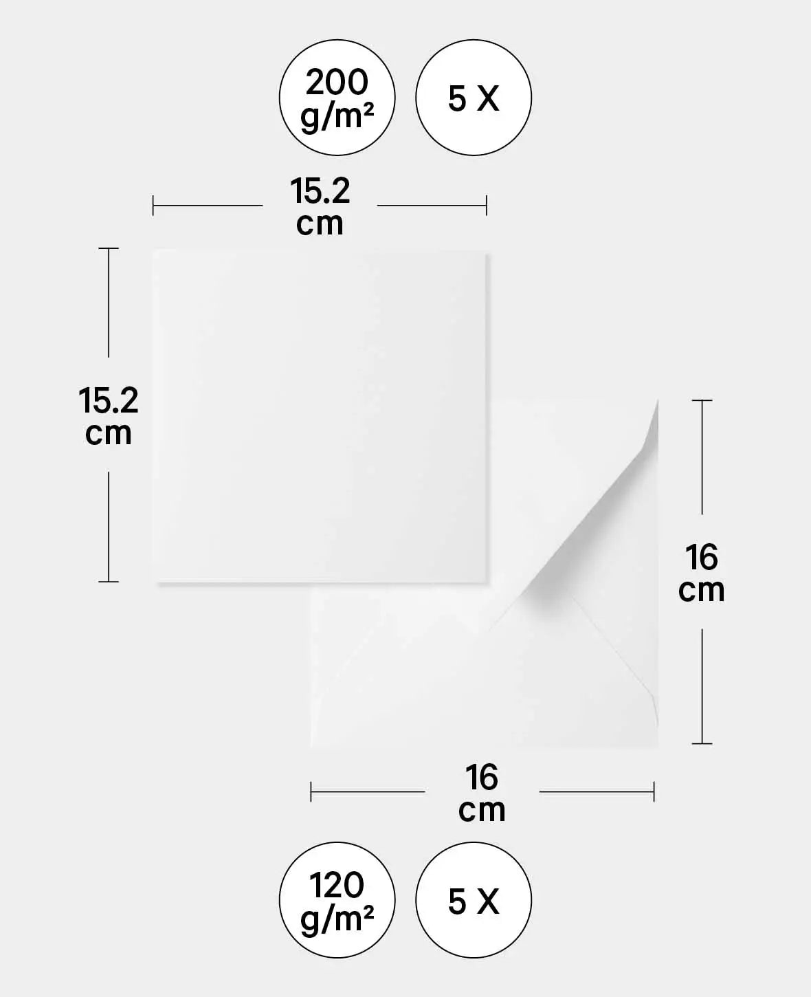 Kit cartes et enveloppes, Blanc, 152 x 152 mm & 160 x 160 mm, 240 & 120 g/m², 5 pièces chacun