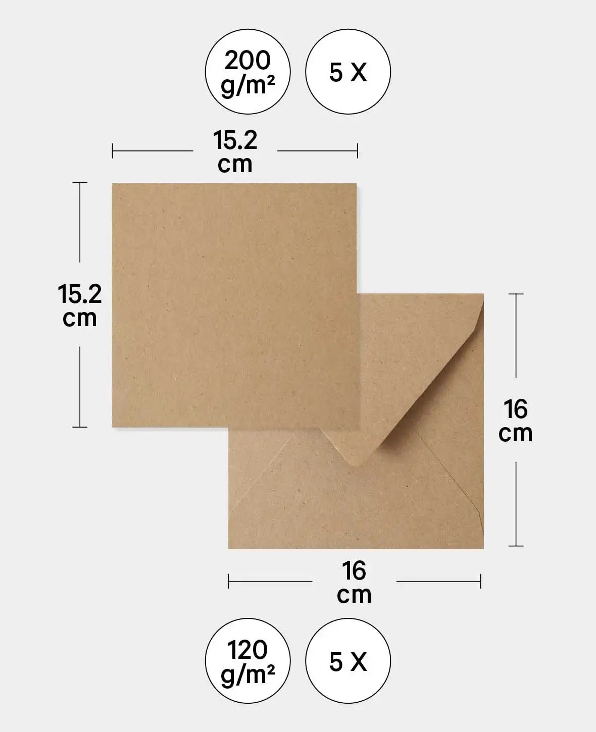 Lot cartes & enveloppes, Kraft brun, 152 x 152 mm & 160 x 160 mm, 240 & 120 g/m², 5 pièces de chaque