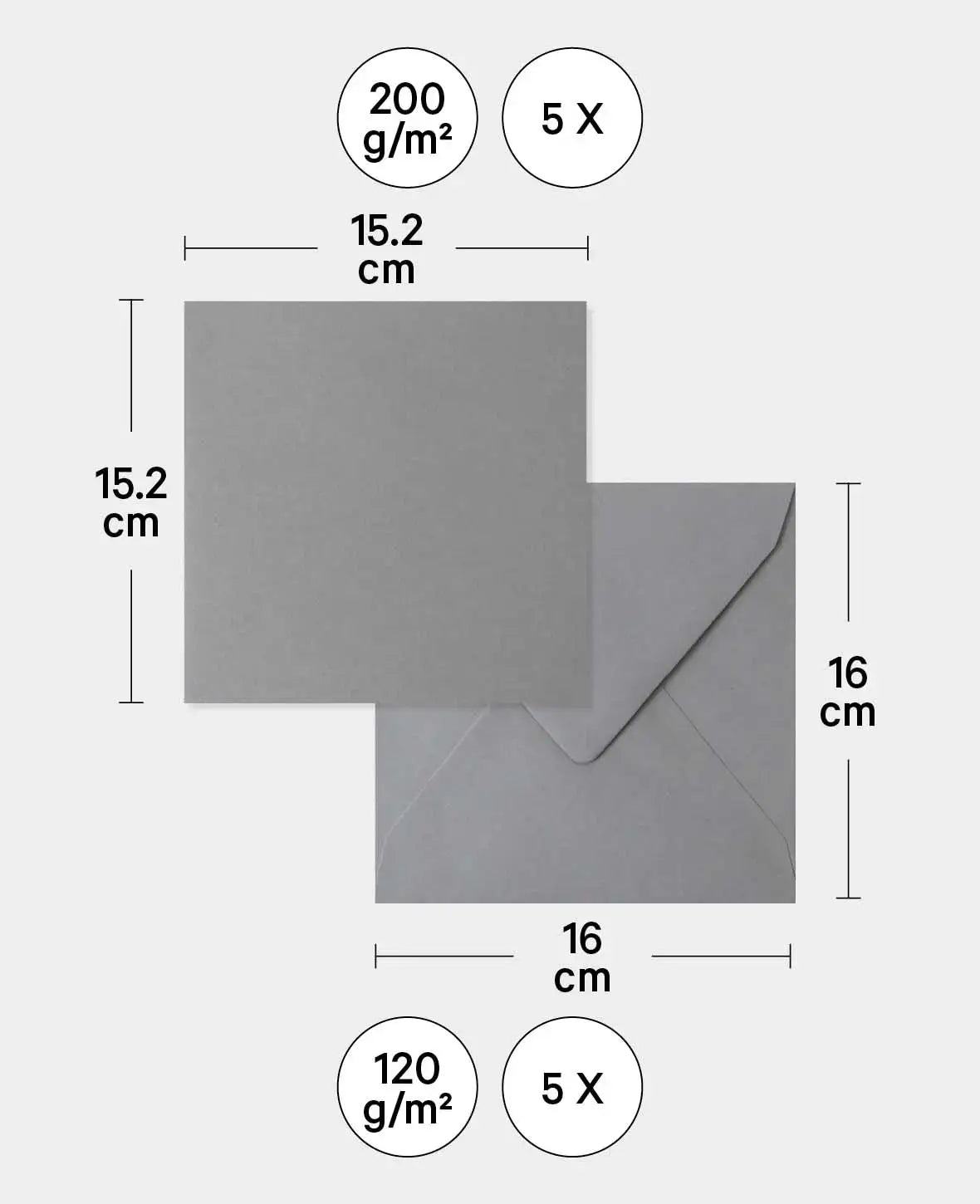 Cards & Envelopes Set, Grey, 152 x 152 mm & 160 x 160 mm, 240 & 120 gsm, 5 pieces each