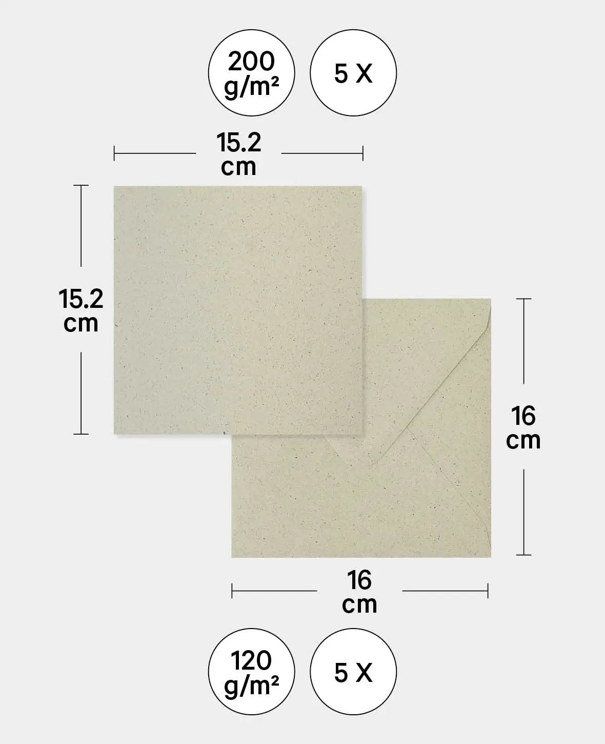 Cards & Envelopes Set, Natural, 152 x 152 mm & 160 x 160 mm, 200 & 120 gsm, 5 pieces each
