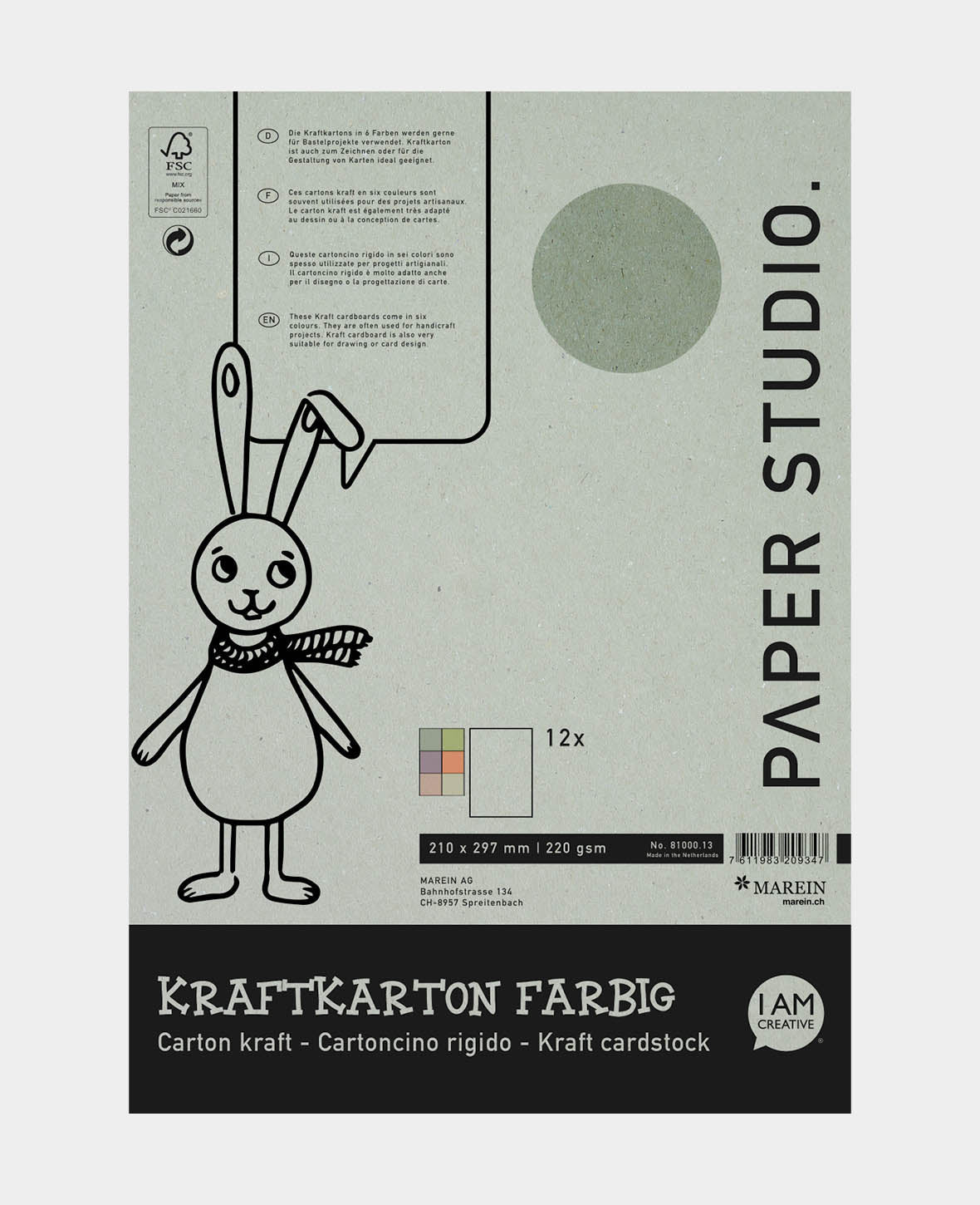 Kraftkarton farbig A4, 12 Blatt sortiert