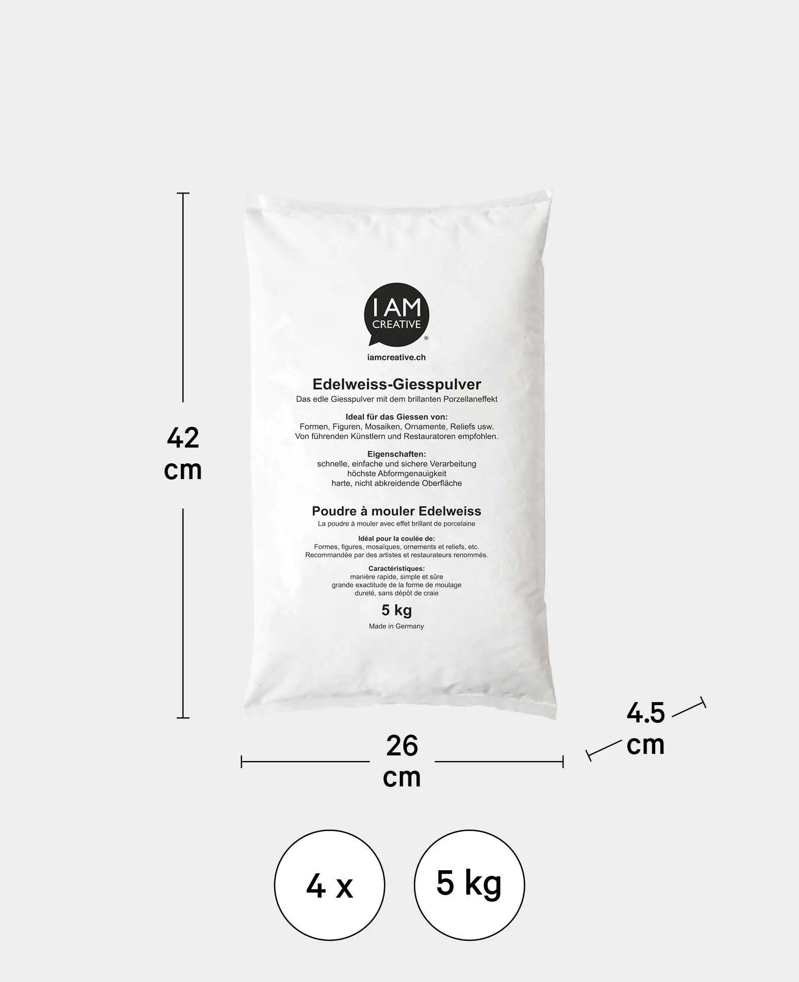 Edelweiss poudre à couler, 5 kg, poudre de modelage pour projets artistiques et de design, travaux manuels et décorations, avec effet porcelaine mat, Blanc, 4 pcs.