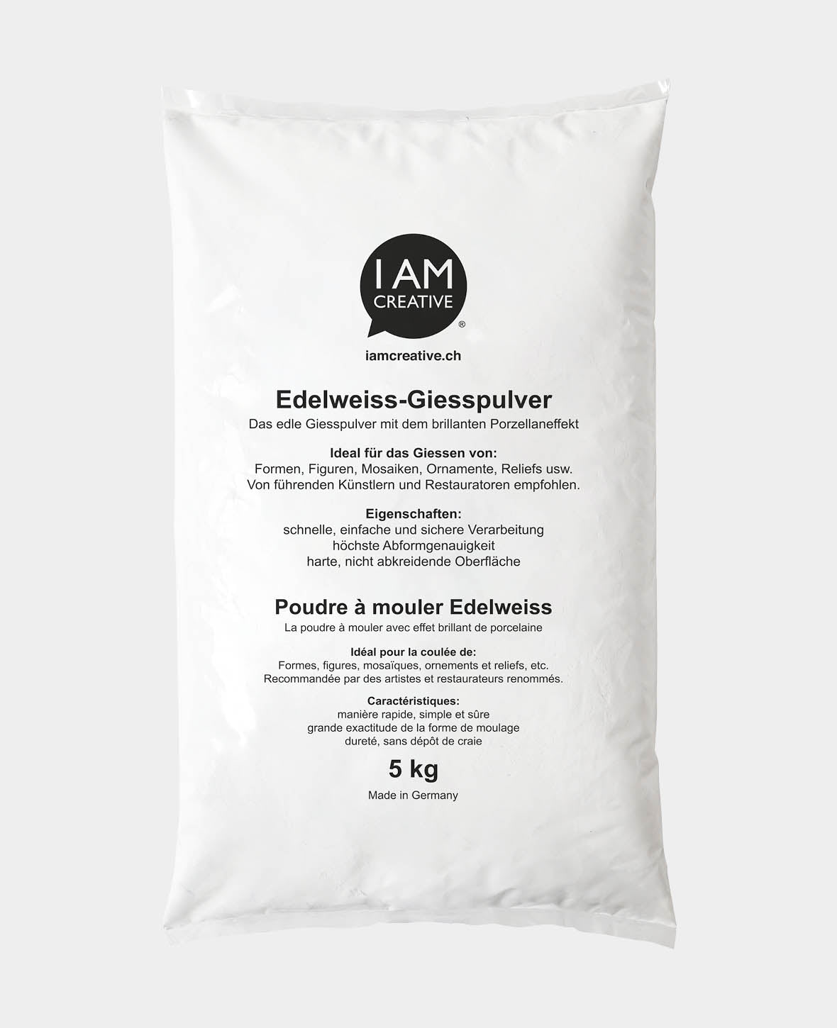 Edelweiss Giesspulver, 5 kg, Modellierpulver für Kunst- und Designprojekte, Bastelarbeiten sowie Dekorationen, mit matten Porzellaneffekt, Weiss