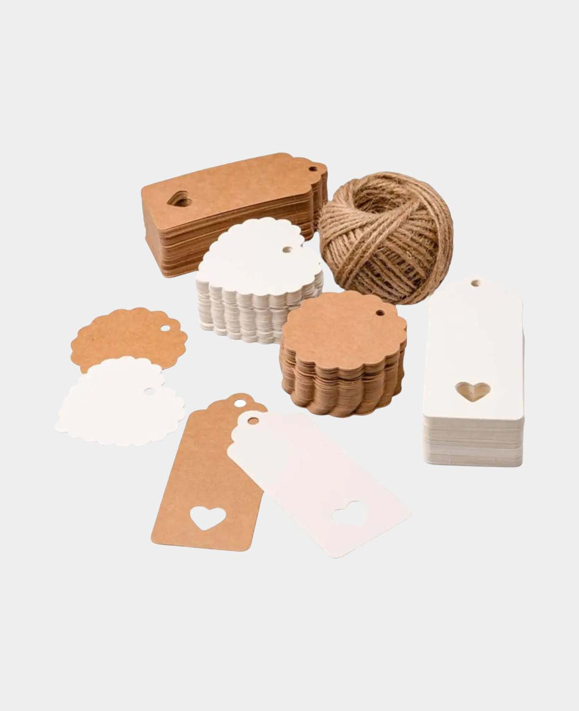 Étiquettes cadeaux artisanales + ficelle de jute – Marron/blanc, 200 pièces