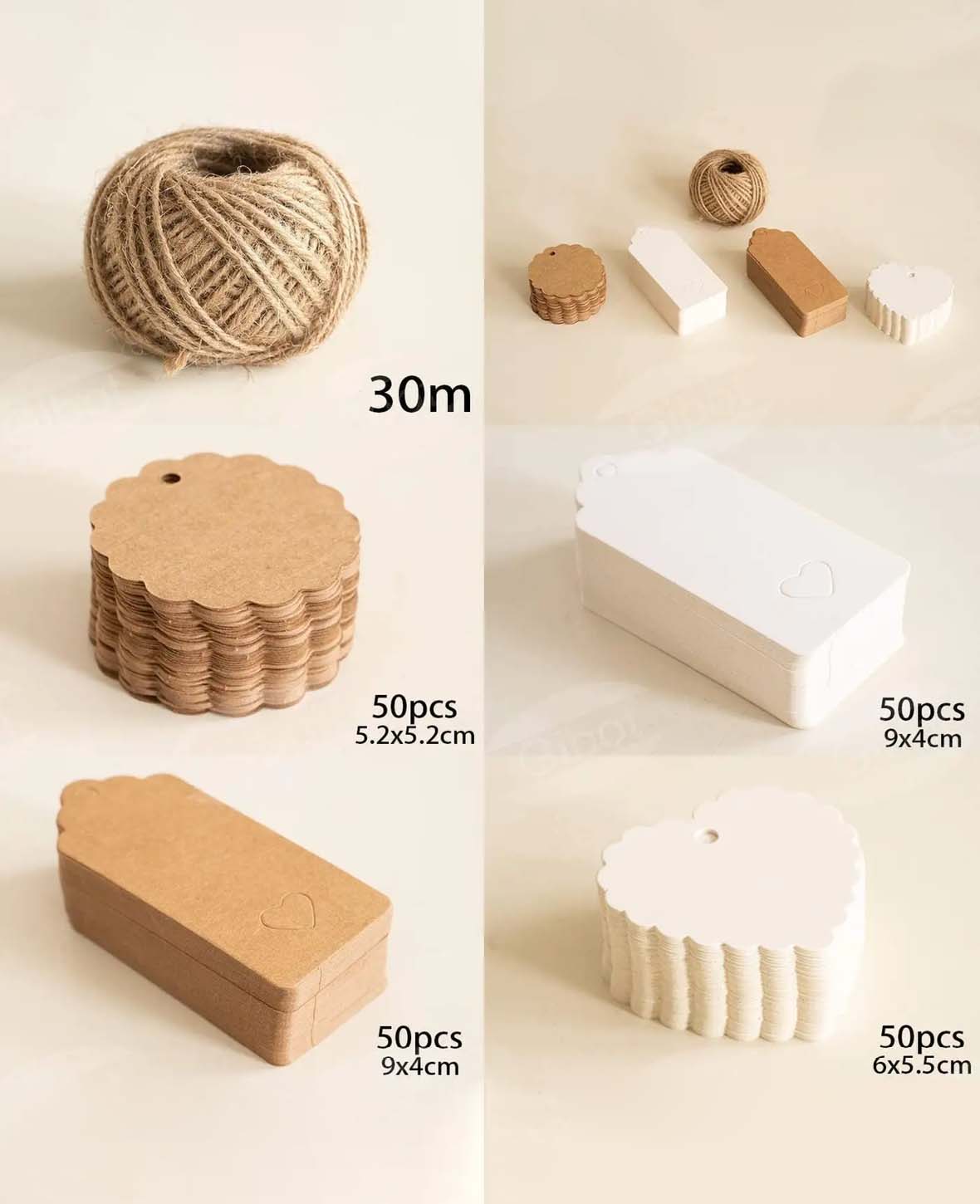 Gift Tags Craft Labels + Jute Twine – Brown / White, 200 pcs.