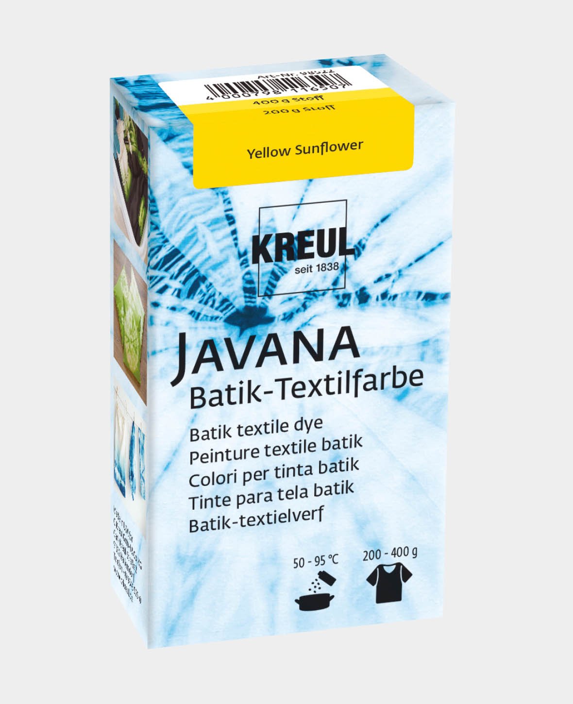 KREUL Batik-Textilfarbe Yellow Sunflower, Farbpulver inklusive Färbesalz zum Färben und Batiken von Textilien, 70 g, Gelb