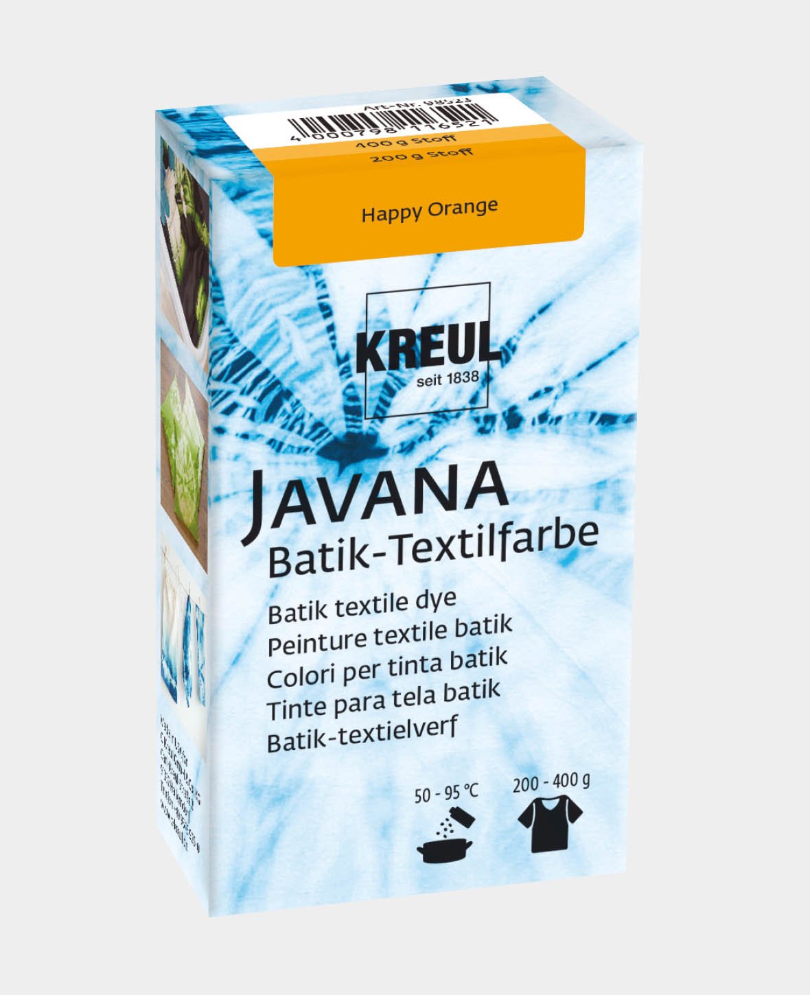 KREUL Batik-Textilfarbe Happy Orange, Farbpulver inklusive Färbesalz zum Färben und Batiken von Textilien, 70 g, Orange