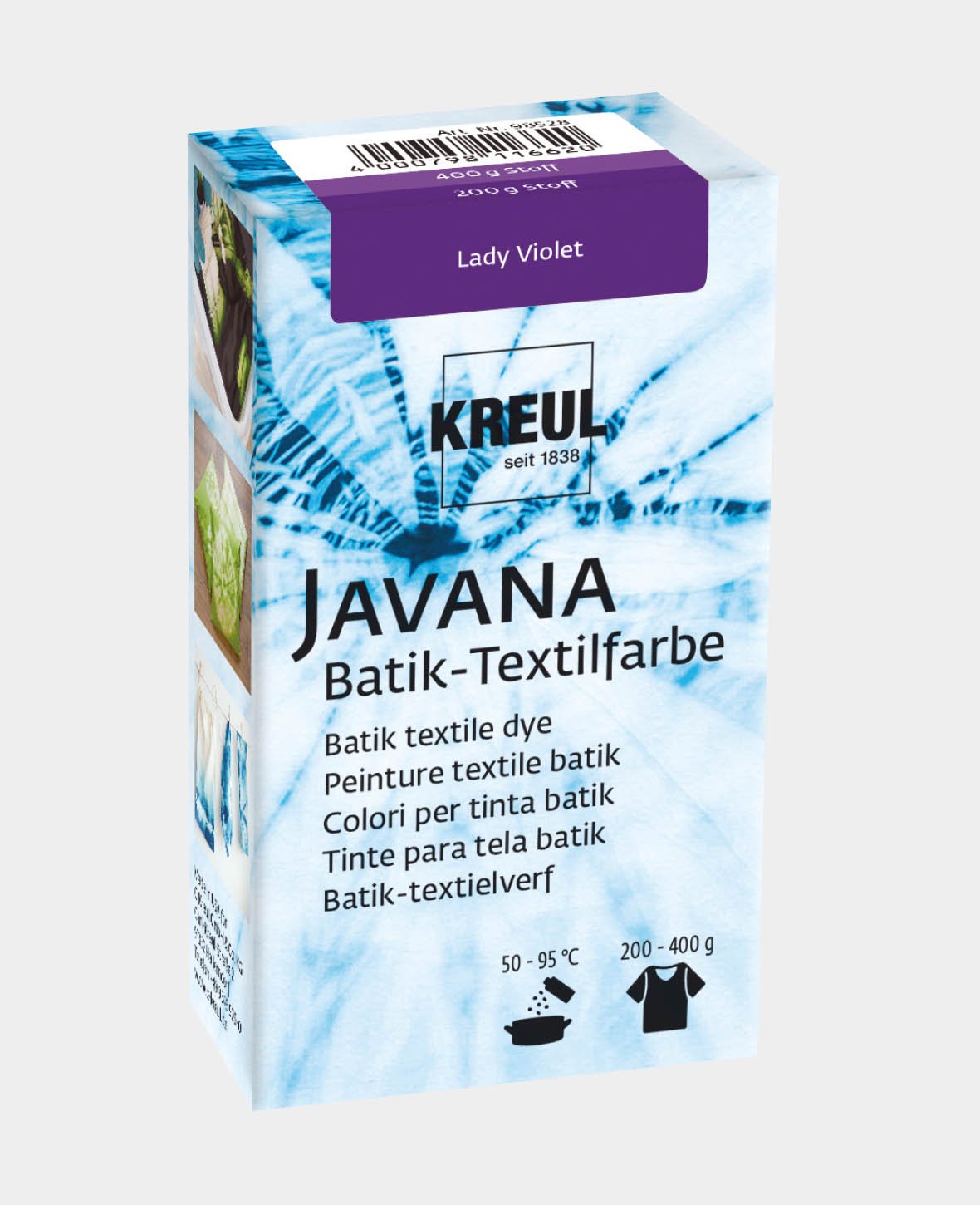 KREUL Batik-Textilfarbe Lady Violet, Farbpulver inklusive Färbesalz zum Färben und Batiken von Textilien, 70 g, Violett