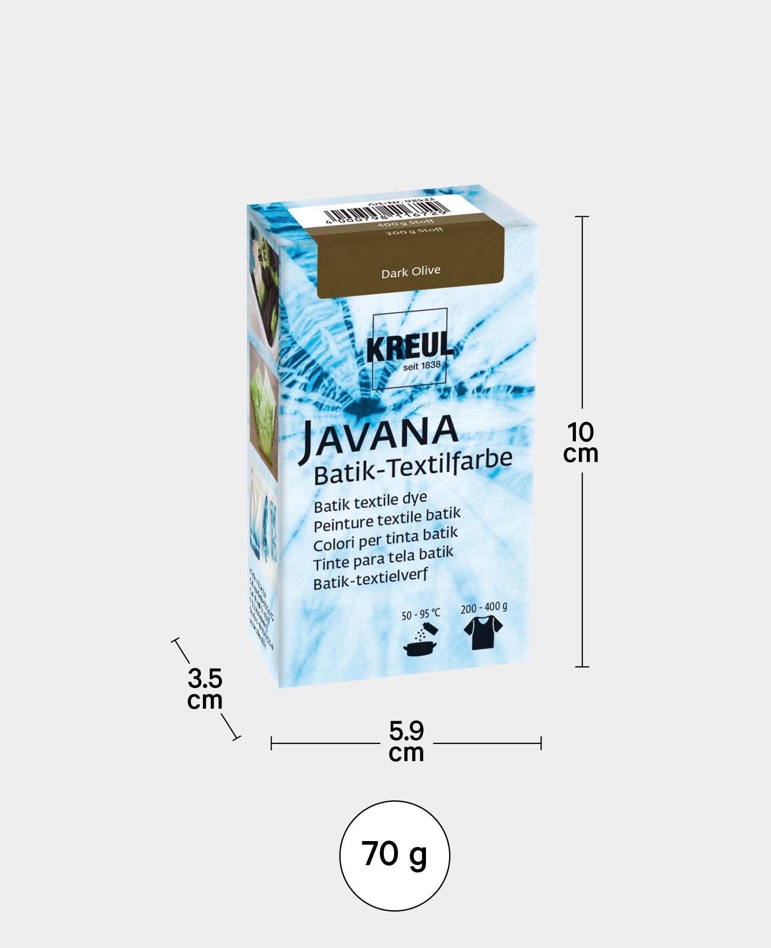 KREUL Batik-Textilfarbe Dark Olive, Farbpulver inklusive Färbesalz zum Färben und Batiken von Textilien, 70 g, Olivgrün