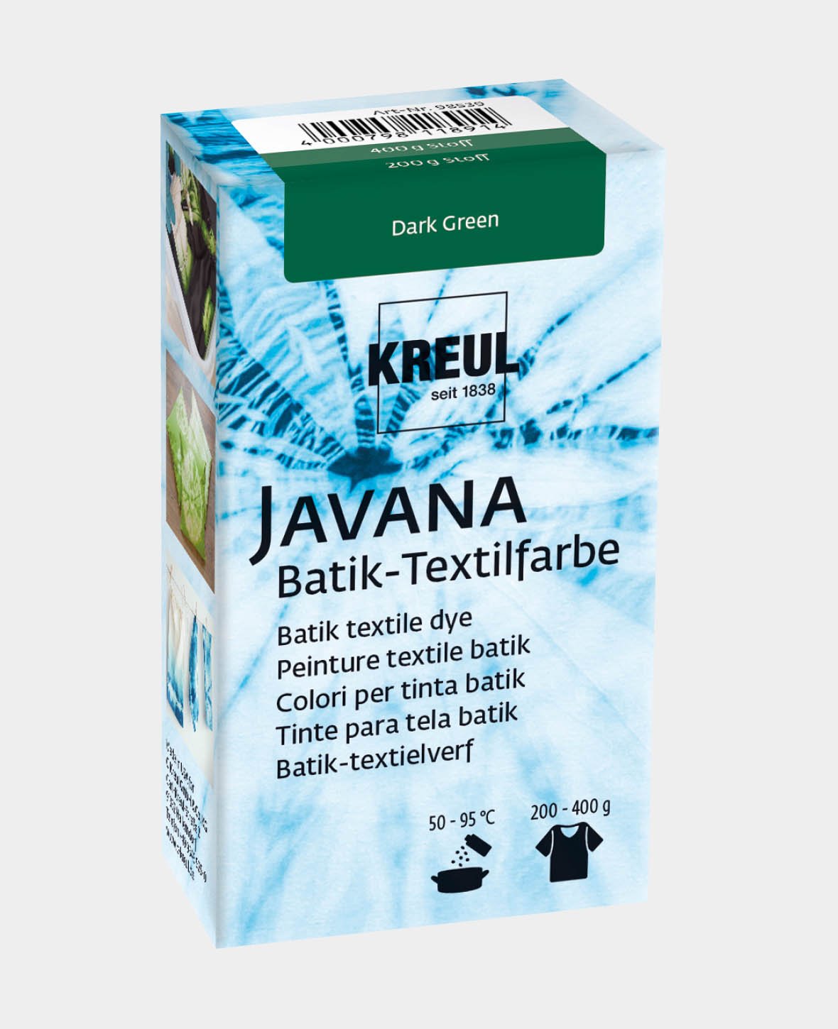 KREUL Batik-Textilfarbe Dark Green, Farbpulver inklusive Färbesalz zum Färben und Batiken von Textilien, 70 g, Dunkelgrün