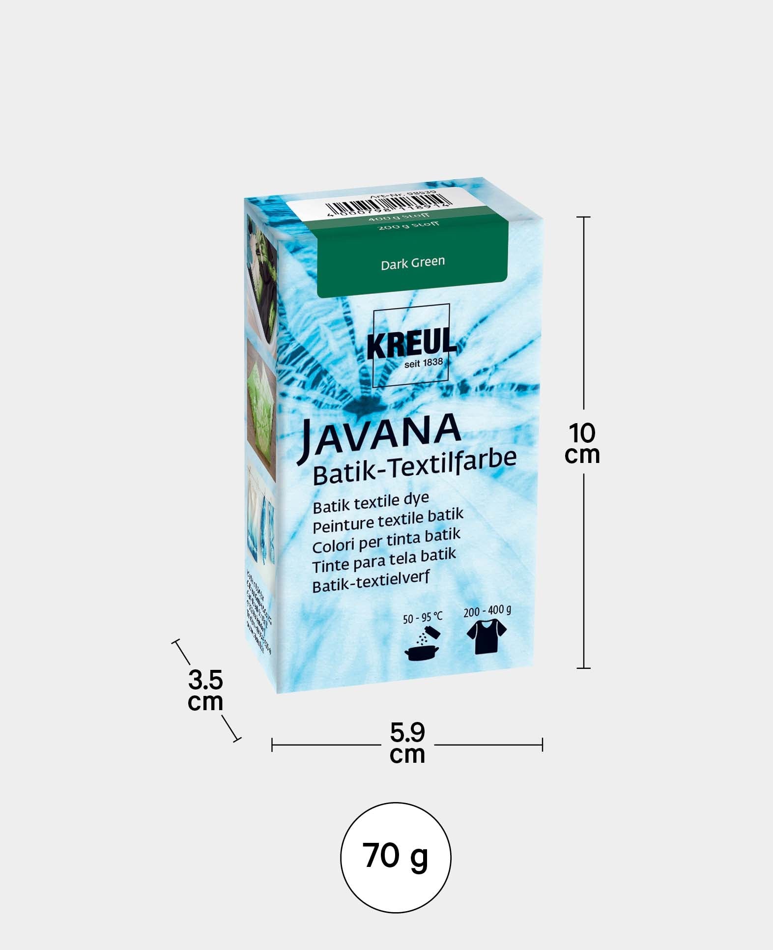 KREUL Batik-Textilfarbe Dark Green, Farbpulver inklusive Färbesalz zum Färben und Batiken von Textilien, 70 g, Dunkelgrün
