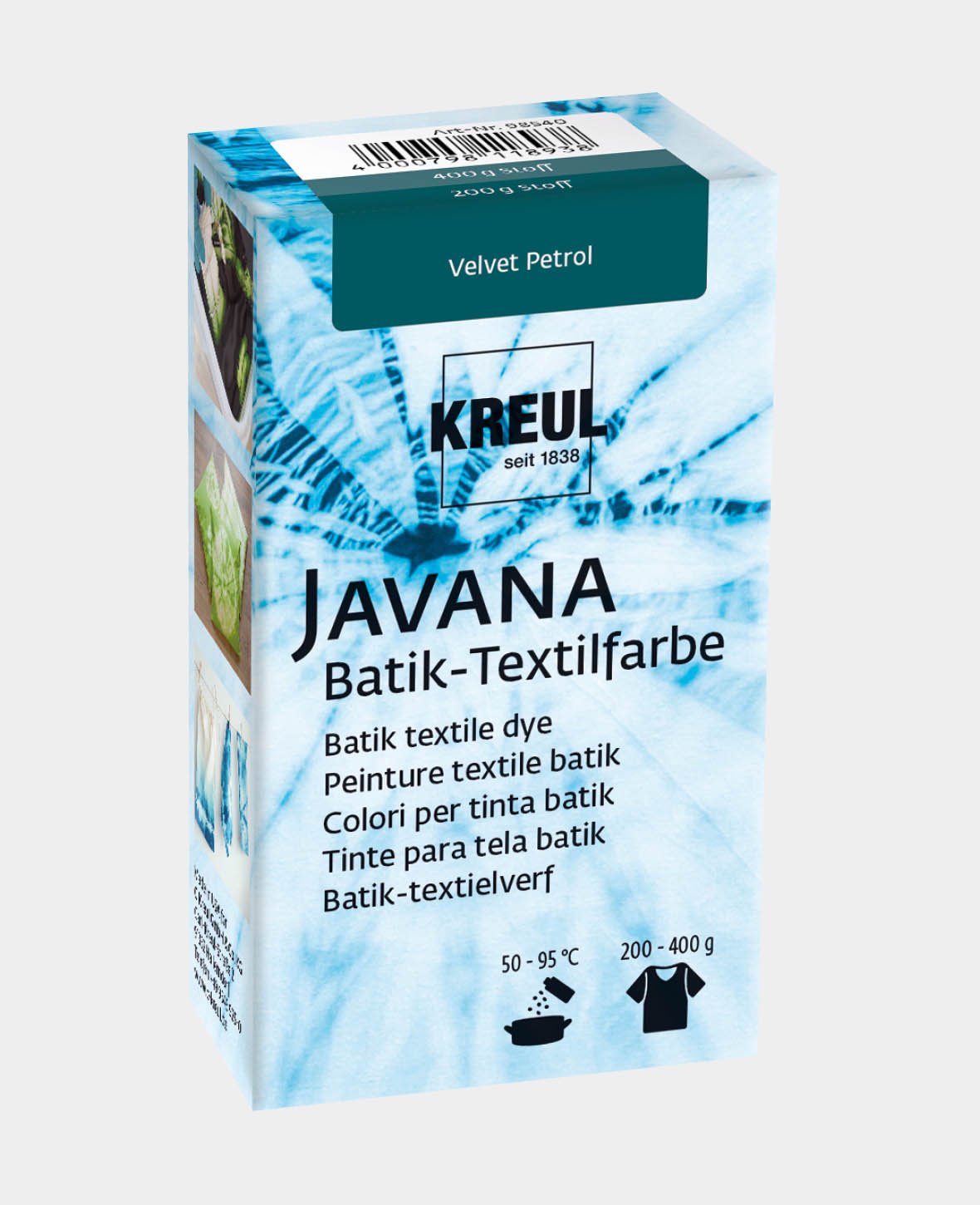 KREUL Batik-Textilfarbe Velvet Petrol, Farbpulver inklusive Färbesalz zum Färben und Batiken von Textilien, 70 g, Blaugrün