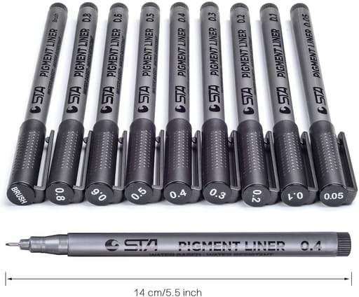 Marqueurs pigmentés imperméables Feutres fins et pinceau - Noir, lot de 9