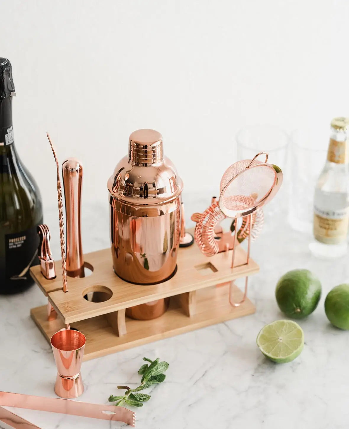 (11-piece set) 0.55L Stainless Steel Cocktail Mixer Bar Shaker Kit - Rose Gold