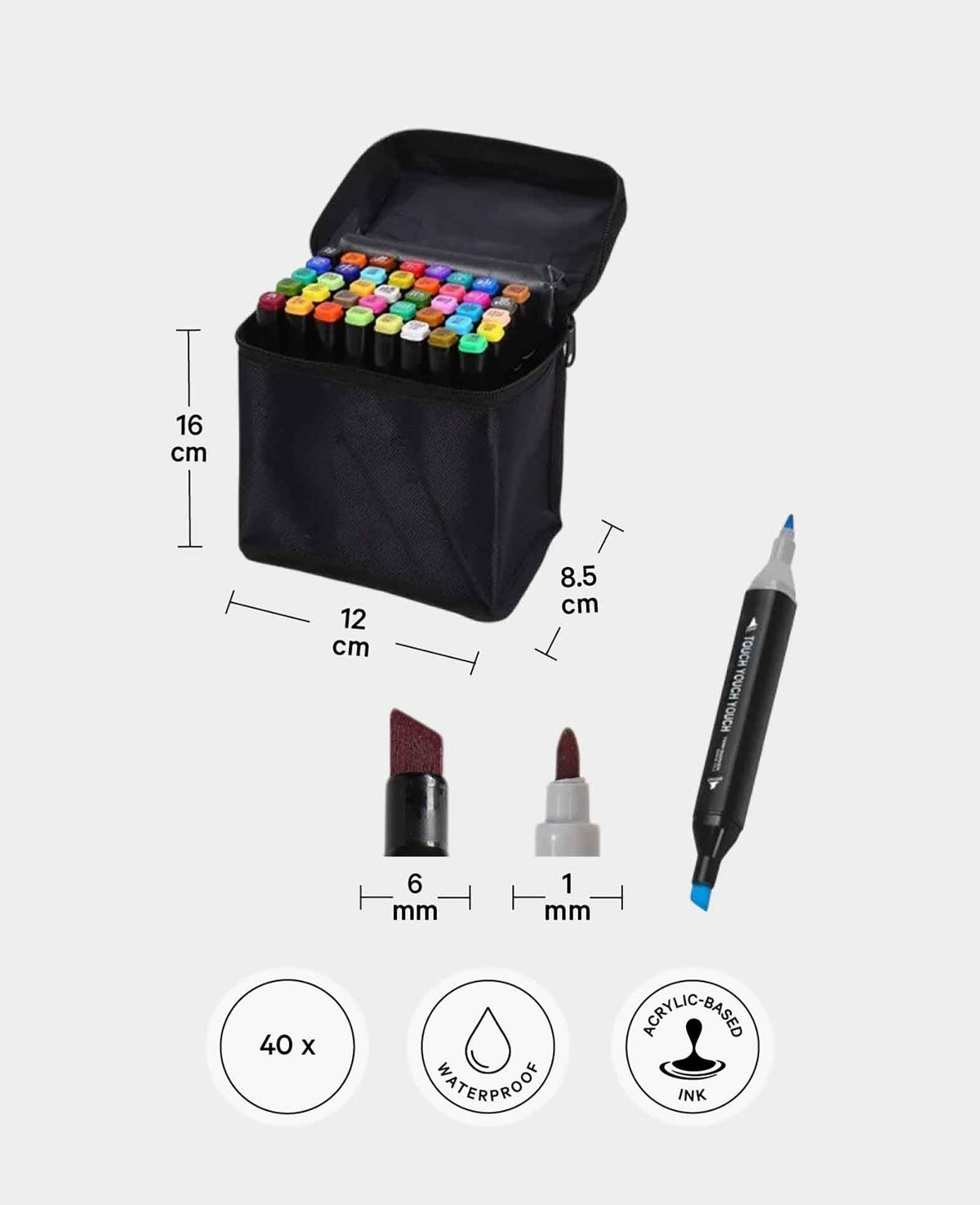 Wasserfeste Acryl Filzstifte Doppelspitz Marker + Tragetasche, 40 Stk.