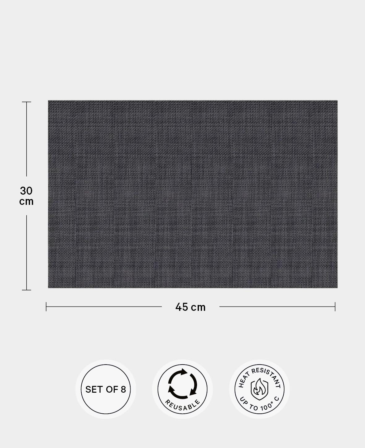 Hitzebeständige, abwaschbare Tischsets aus PVC, 45x30 cm - Schwarz, 8er Set